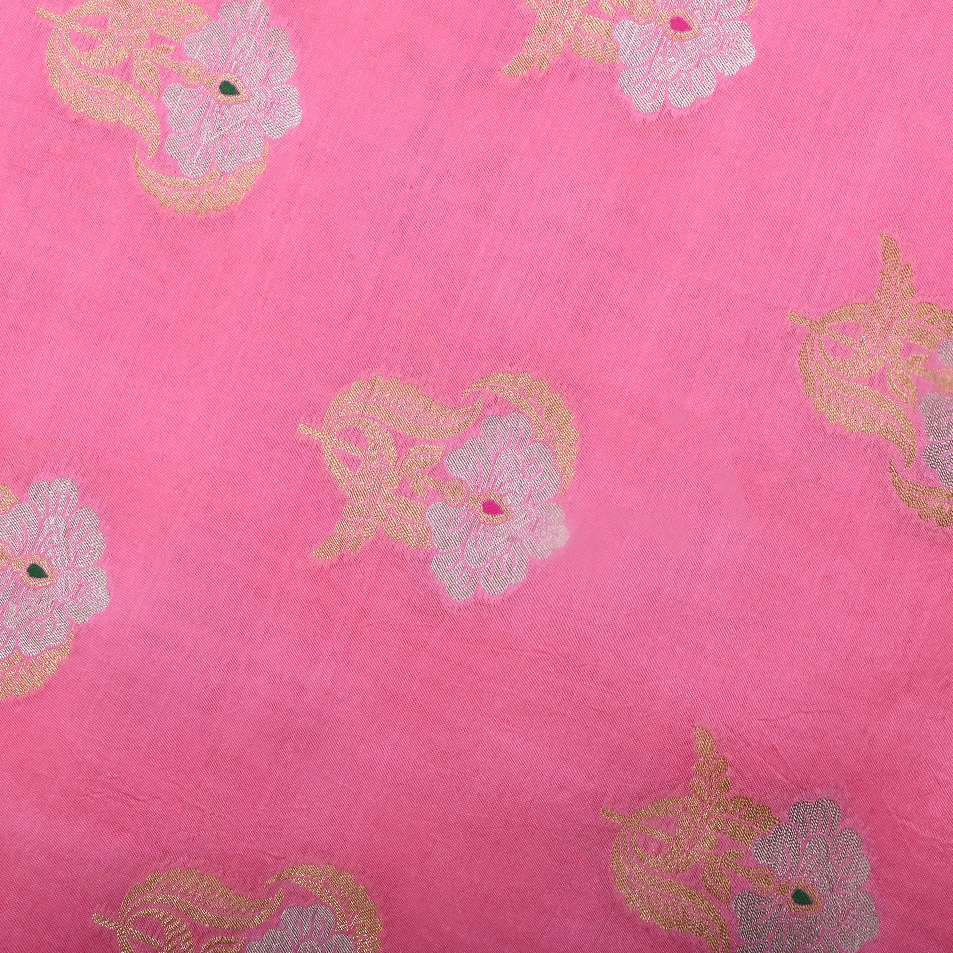 Taffy Pink Jamawar Silk Fabric With Floral Butti'S