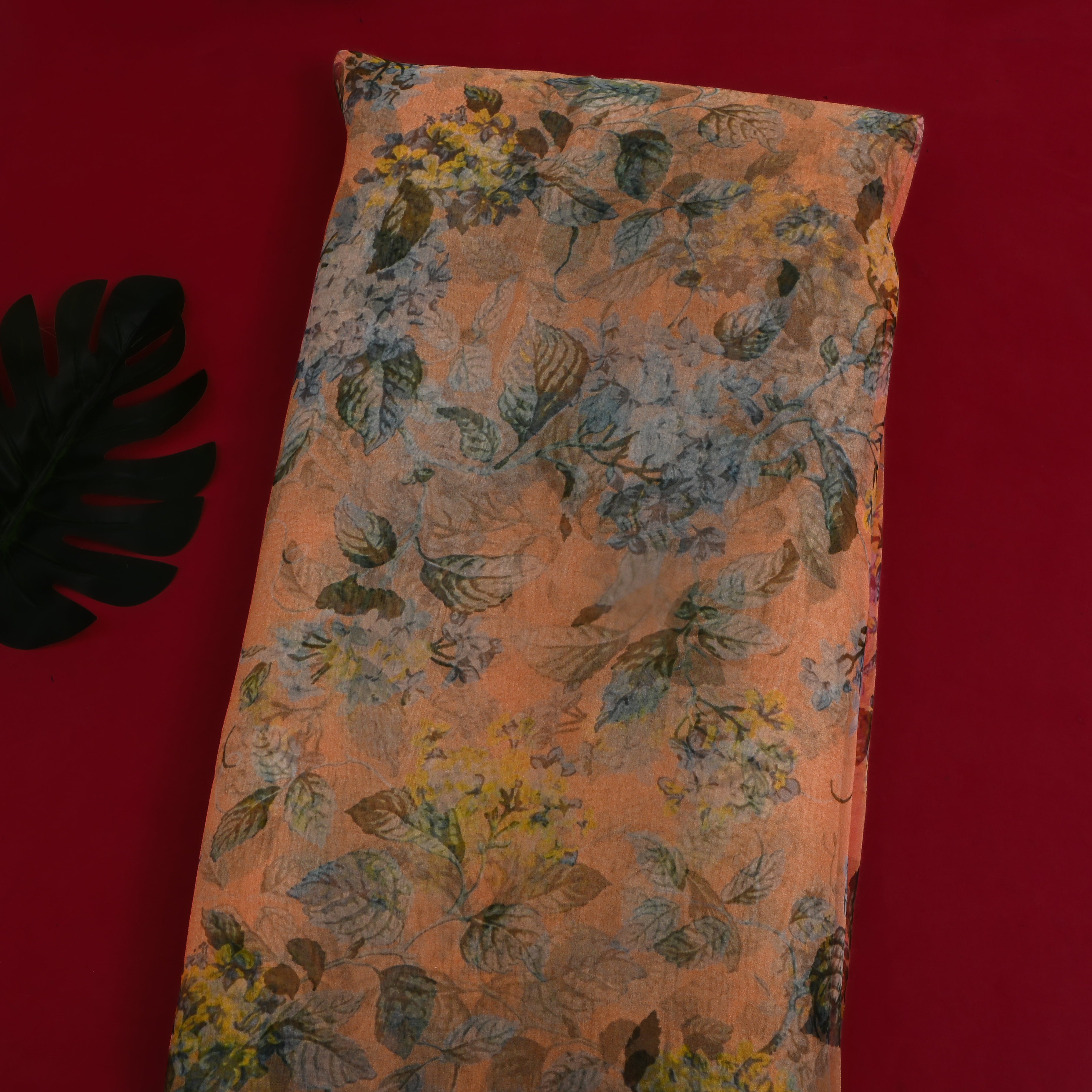 Dusty Yellow Floral Printed Organza Fabric
