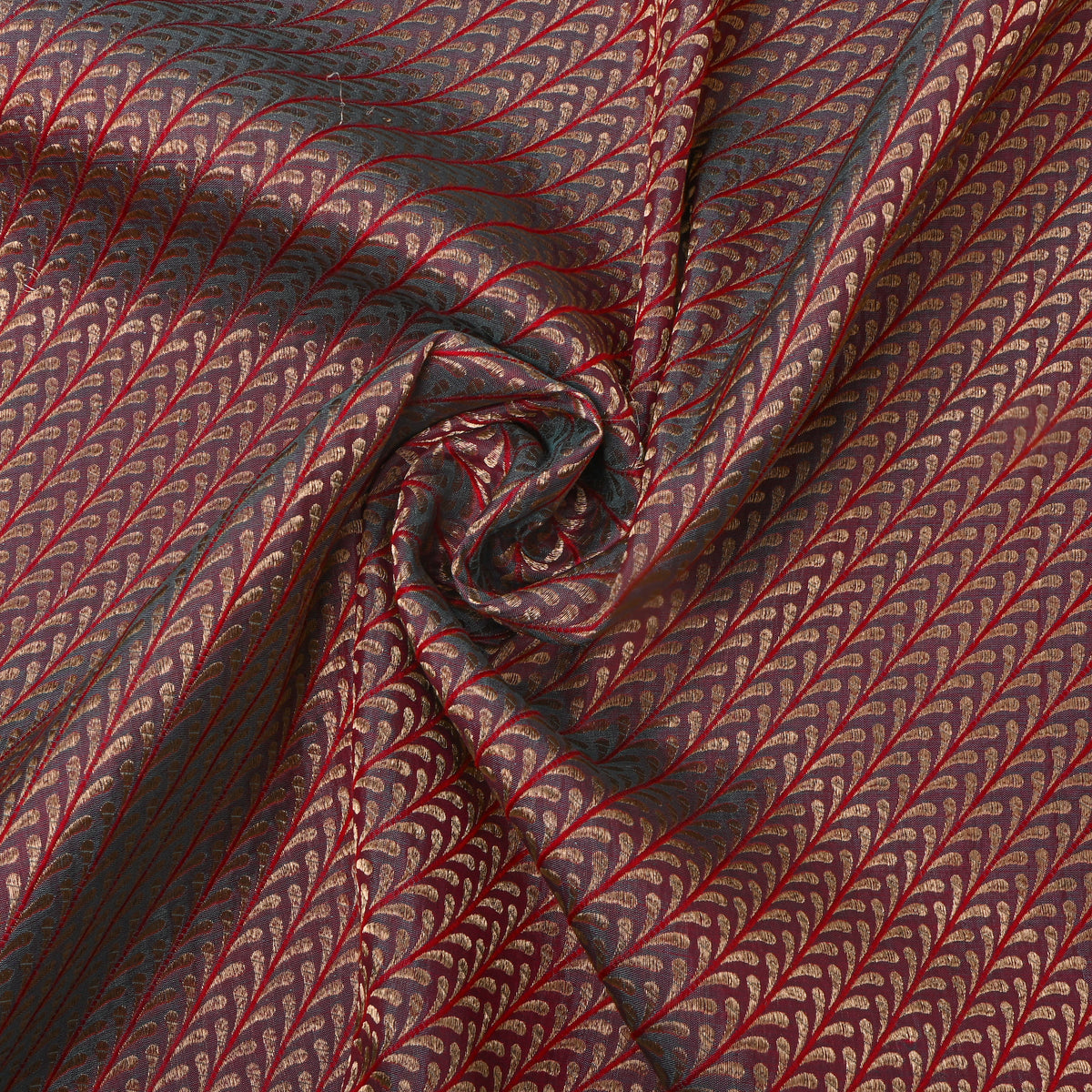 Oxblood Gold Stripe Self Weave Jamawar Silk Fabric