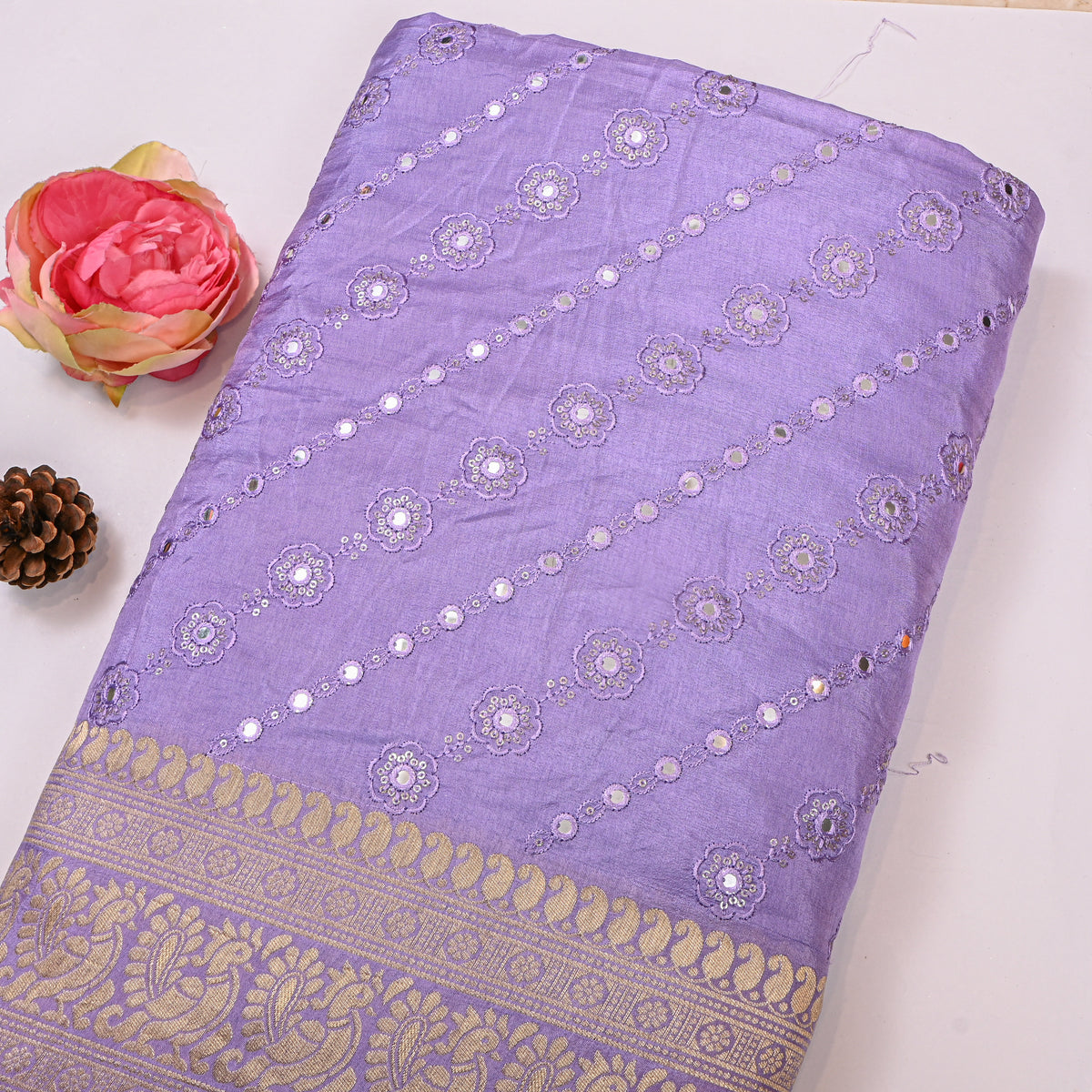 Lilac Mirror Work Floral Embroidery Silk Fabric