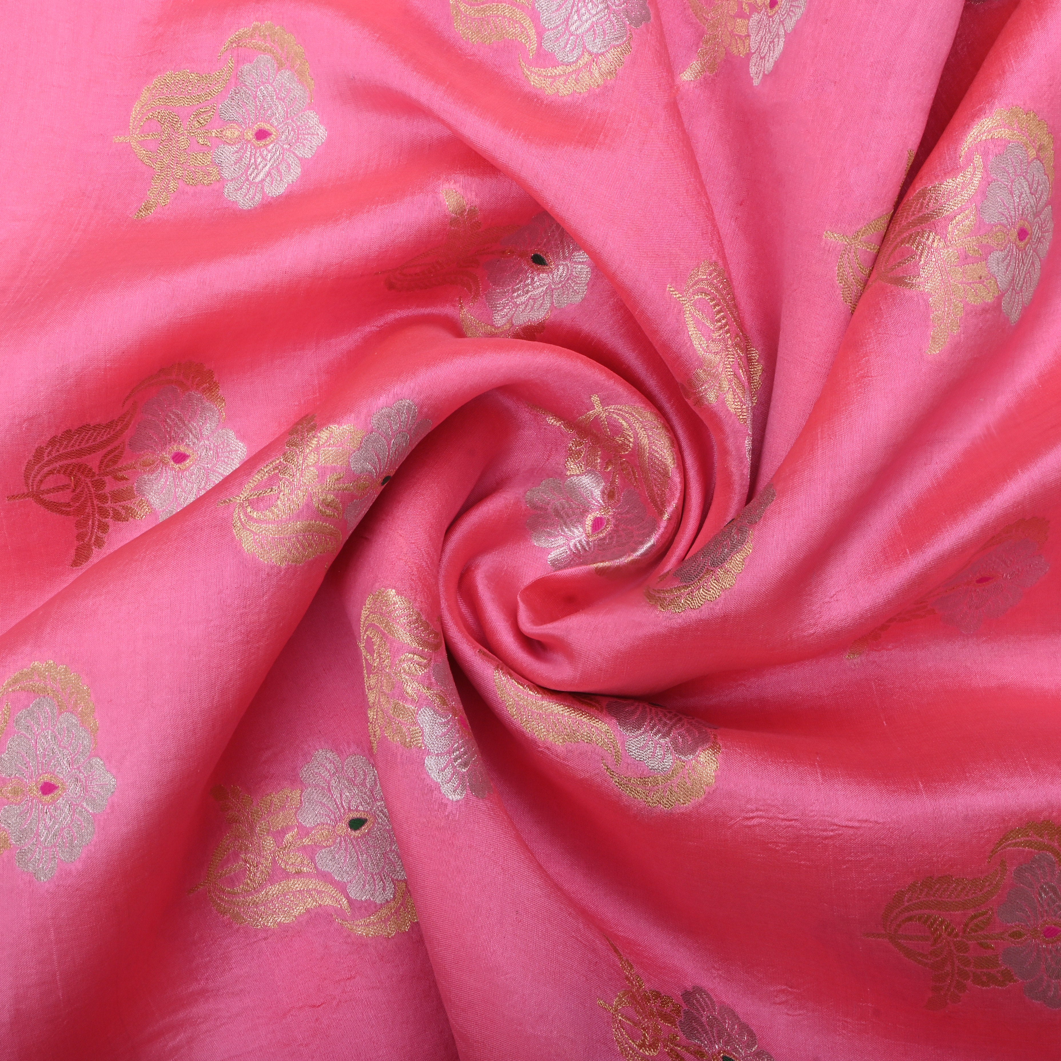Taffy Pink Jamawar Silk Fabric With Floral Butti'S