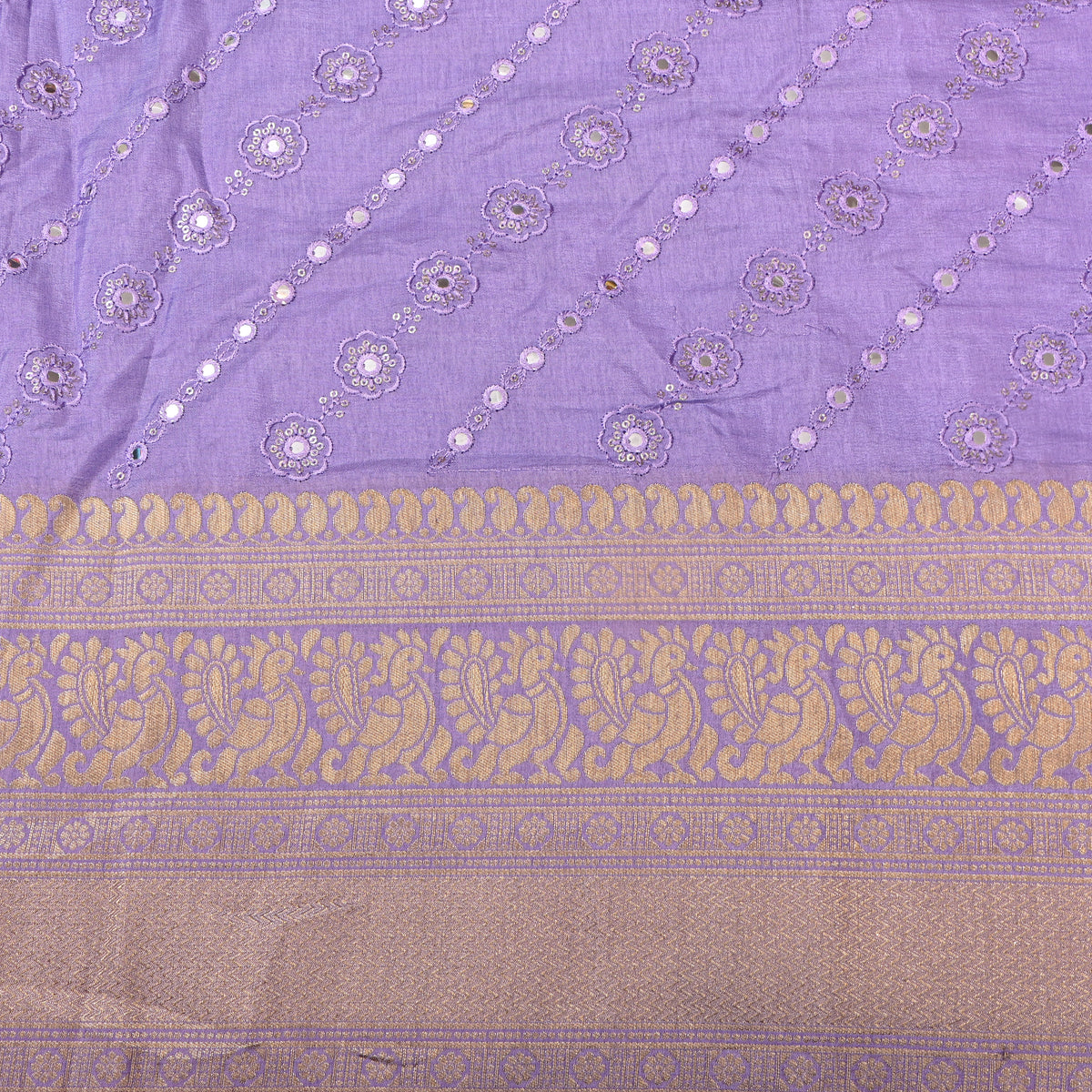 Lilac Mirror Work Floral Embroidery Silk Fabric
