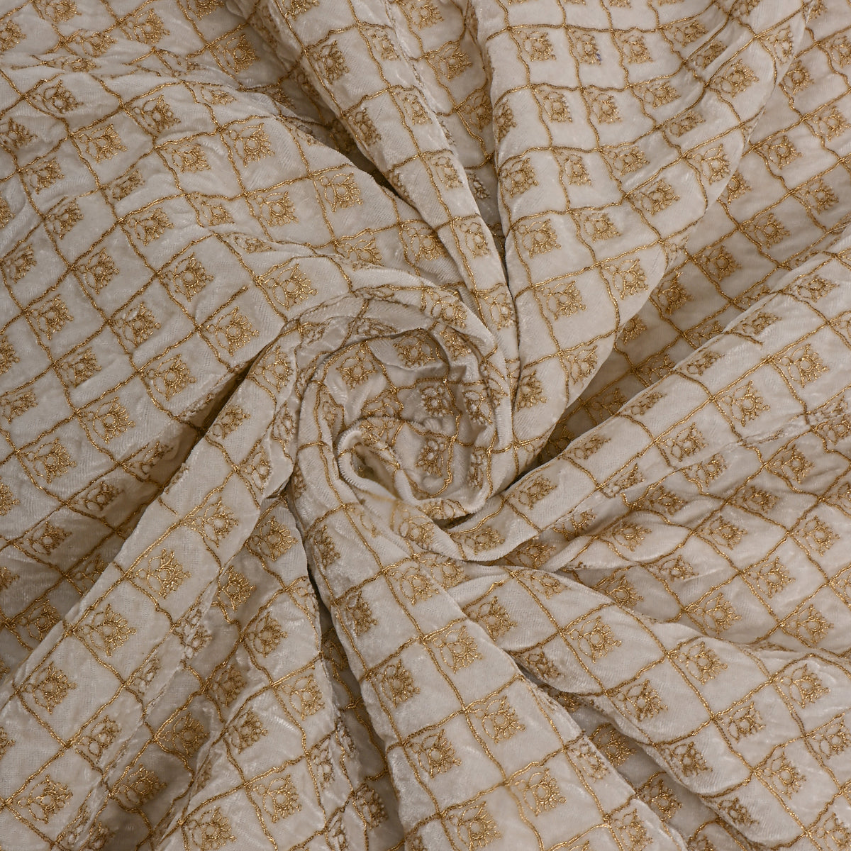 White Gold Checks Embroidery Velvet Fabric