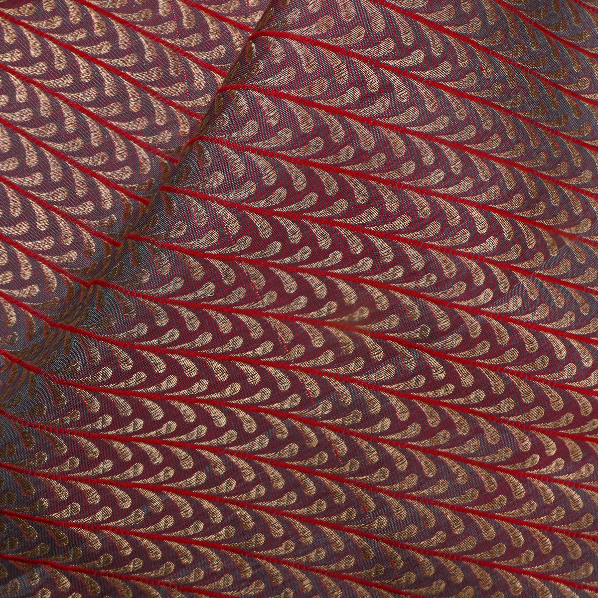 Oxblood Gold Stripe Self Weave Jamawar Silk Fabric