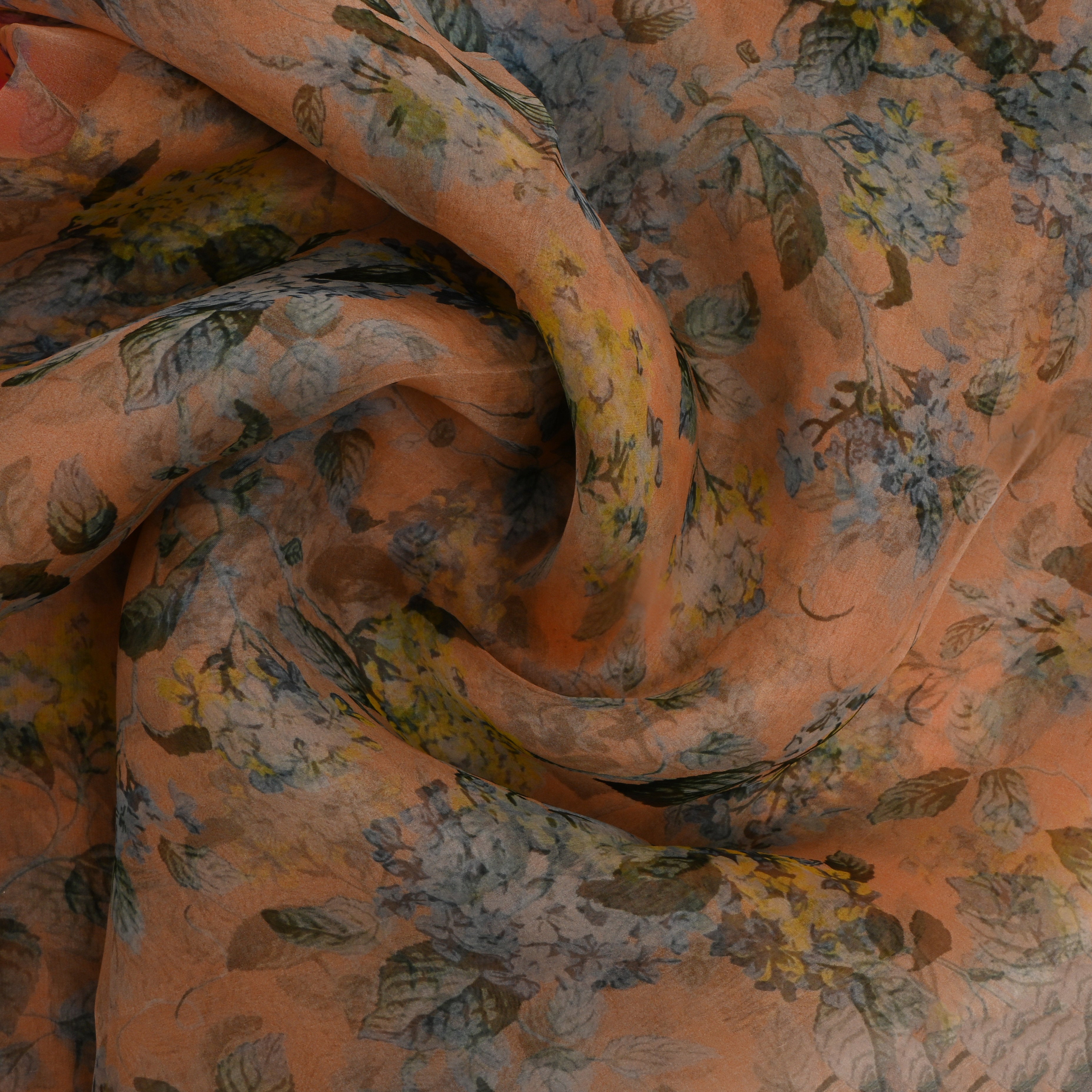 Dusty Yellow Floral Printed Organza Fabric
