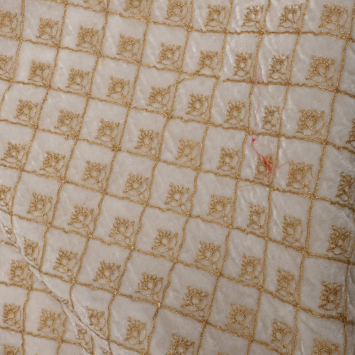 White Gold Checks Embroidery Velvet Fabric