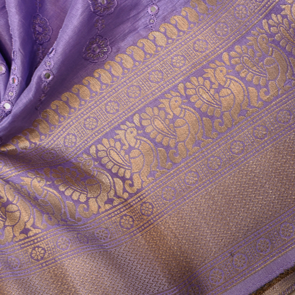 Lilac Mirror Work Floral Embroidery Silk Fabric