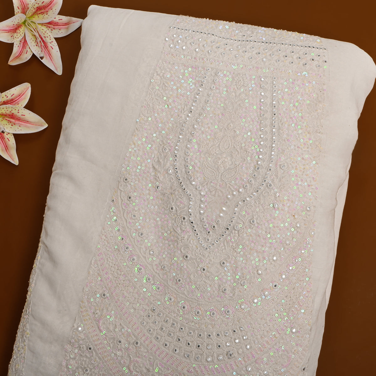 White Gold Sequin Thread Work Georgette