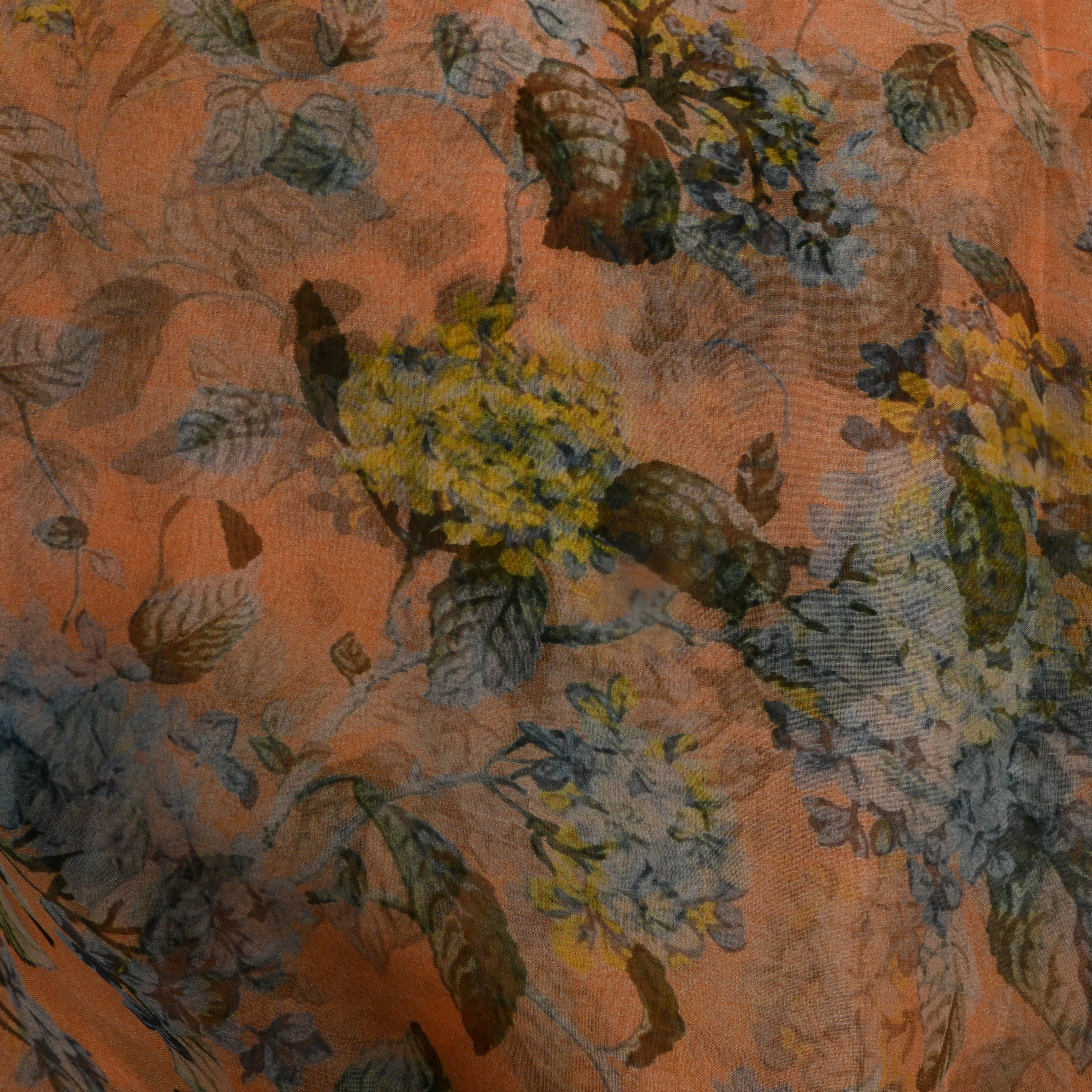 Dusty Yellow Floral Printed Organza Fabric