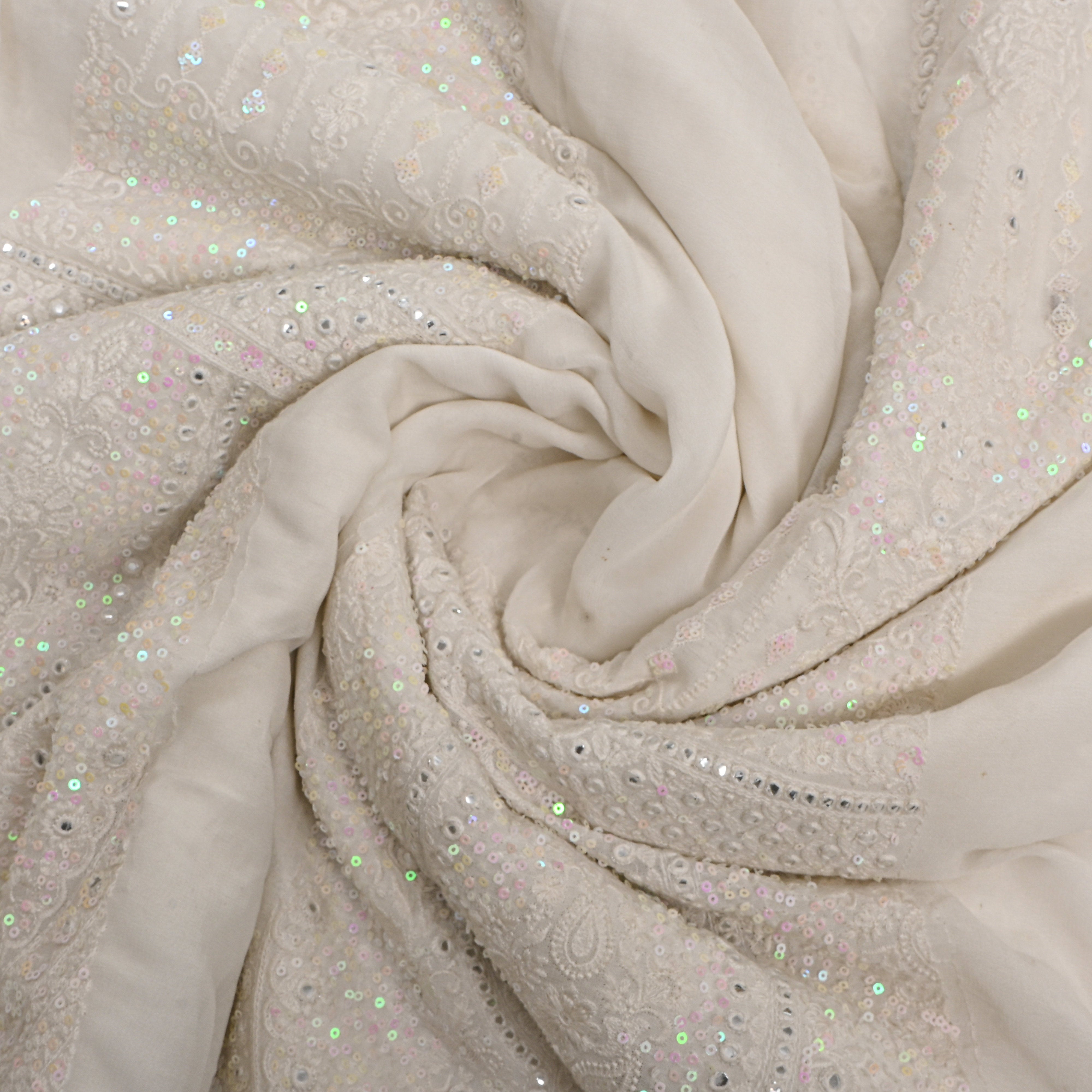 White Gold Sequin Thread Work Georgette