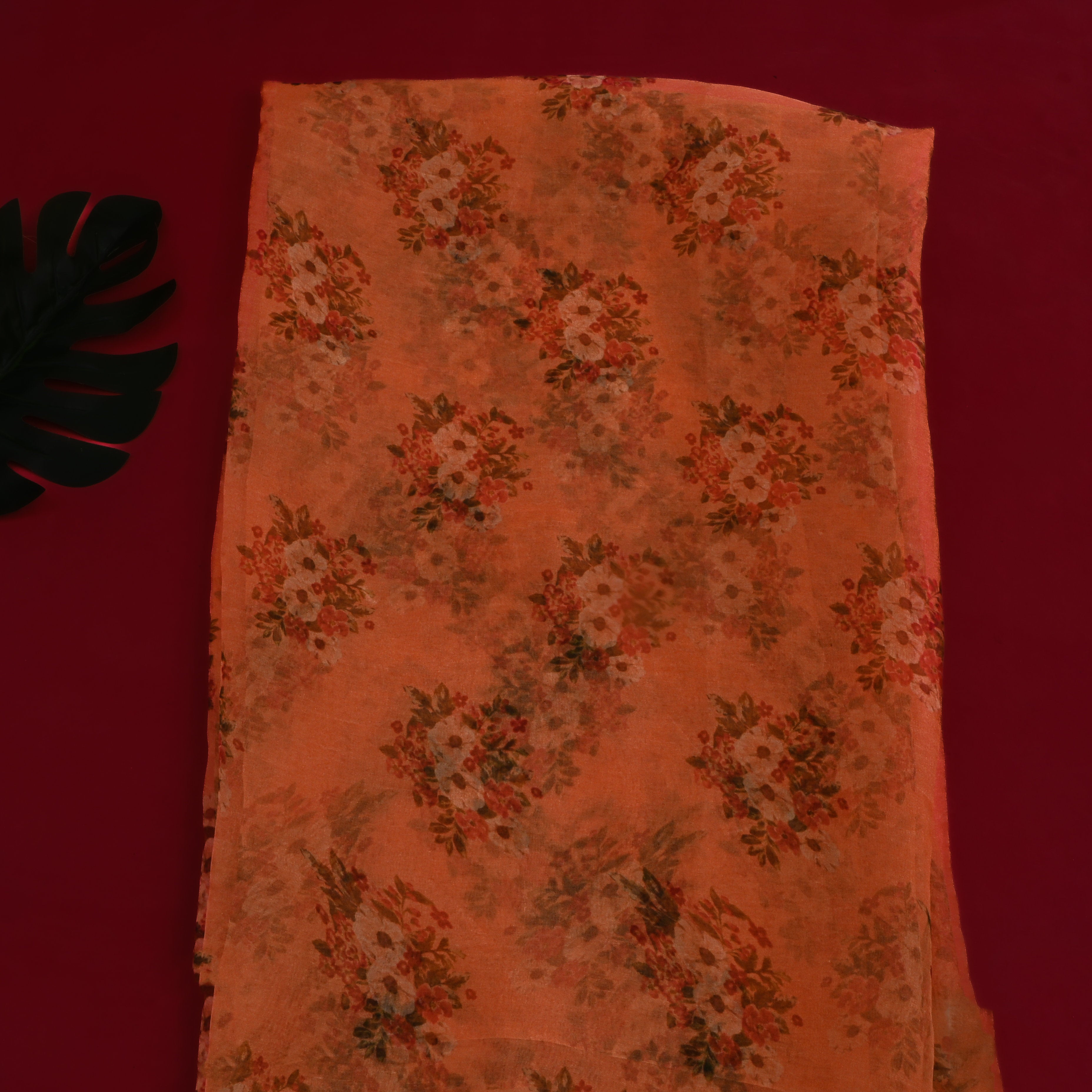 Peach Orange Floral Printed Organza Fabric