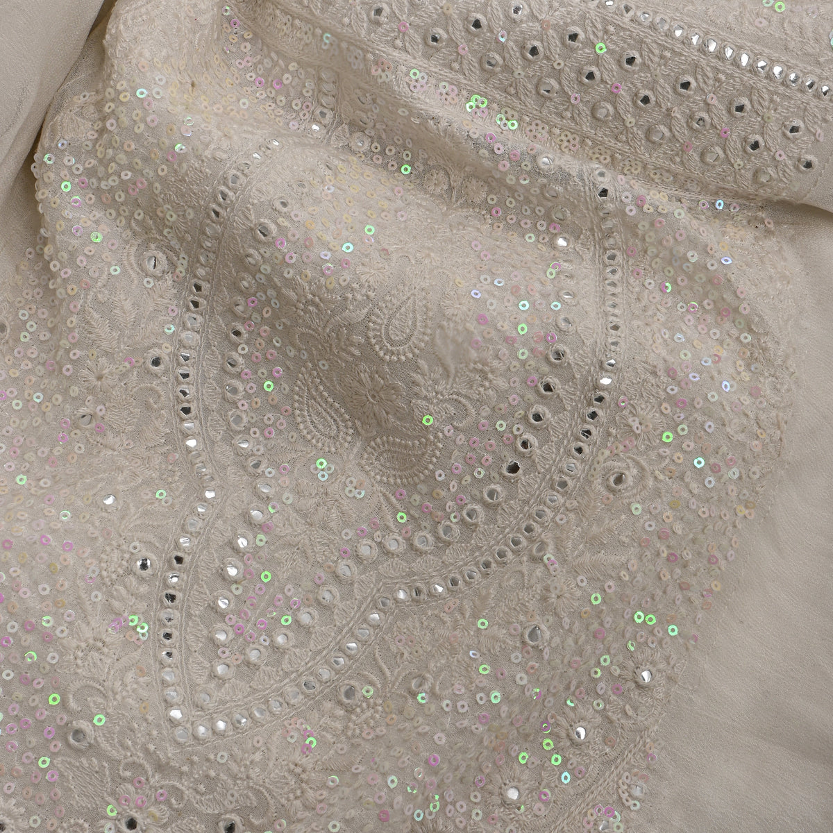 White Gold Sequin Thread Work Georgette