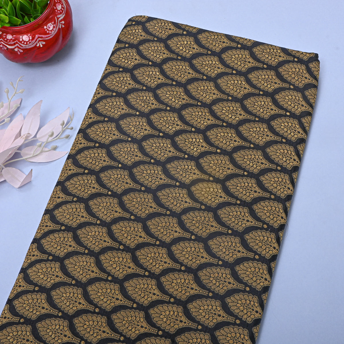 Jet Black Zari Brocade Self Weave Banarasi  Silk Fabric