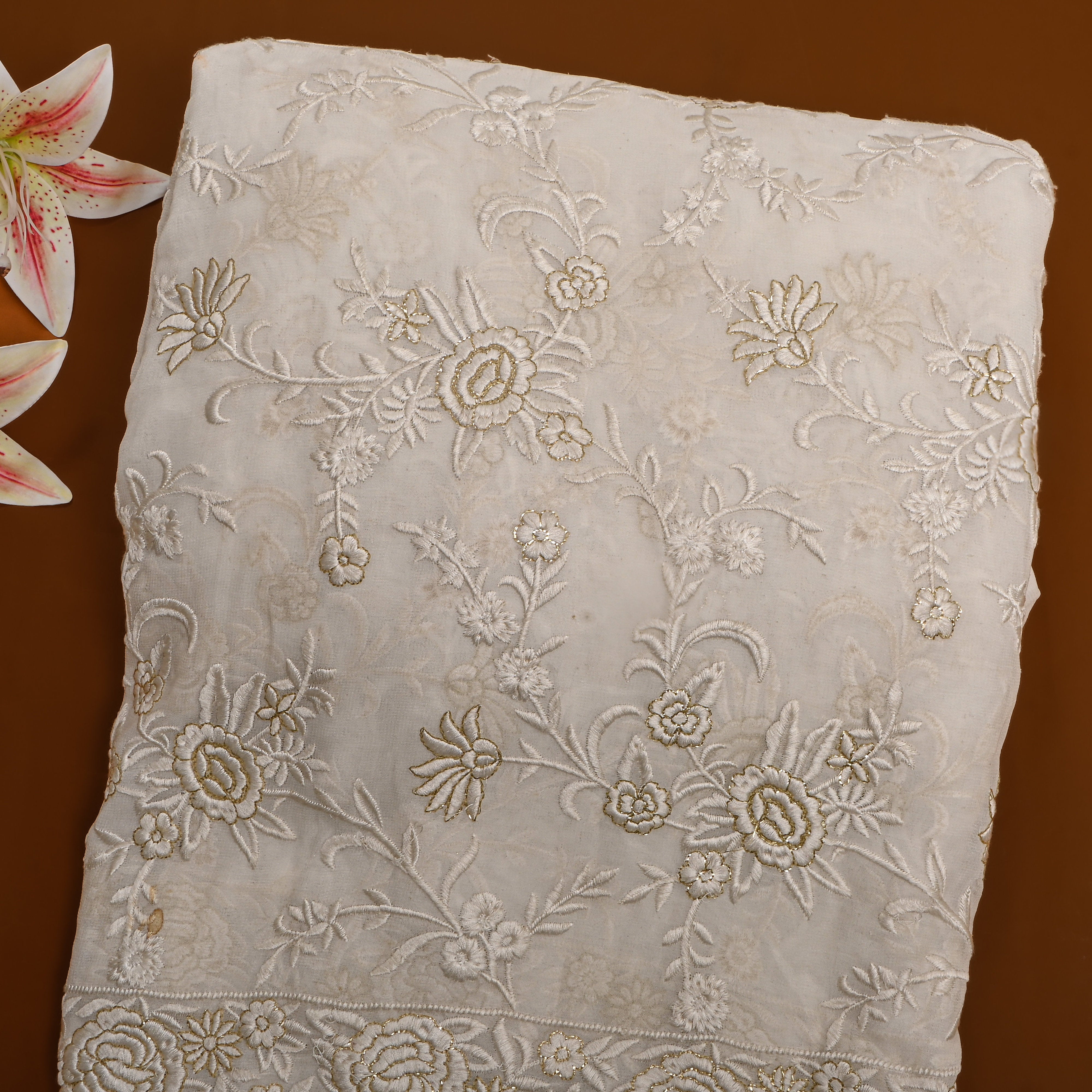 White Gold Floral Chikankari Georgette Fabric