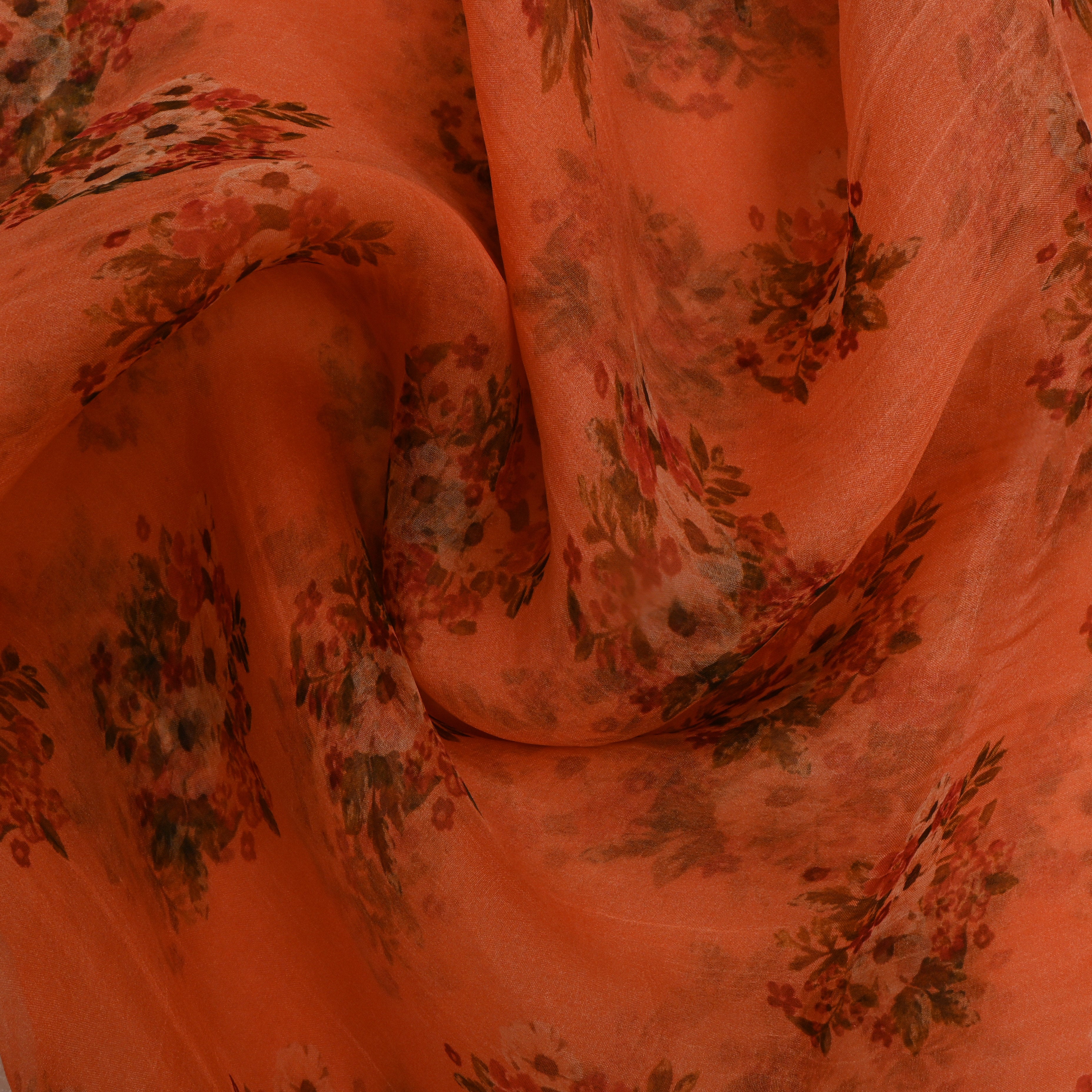 Peach Orange Floral Printed Organza Fabric