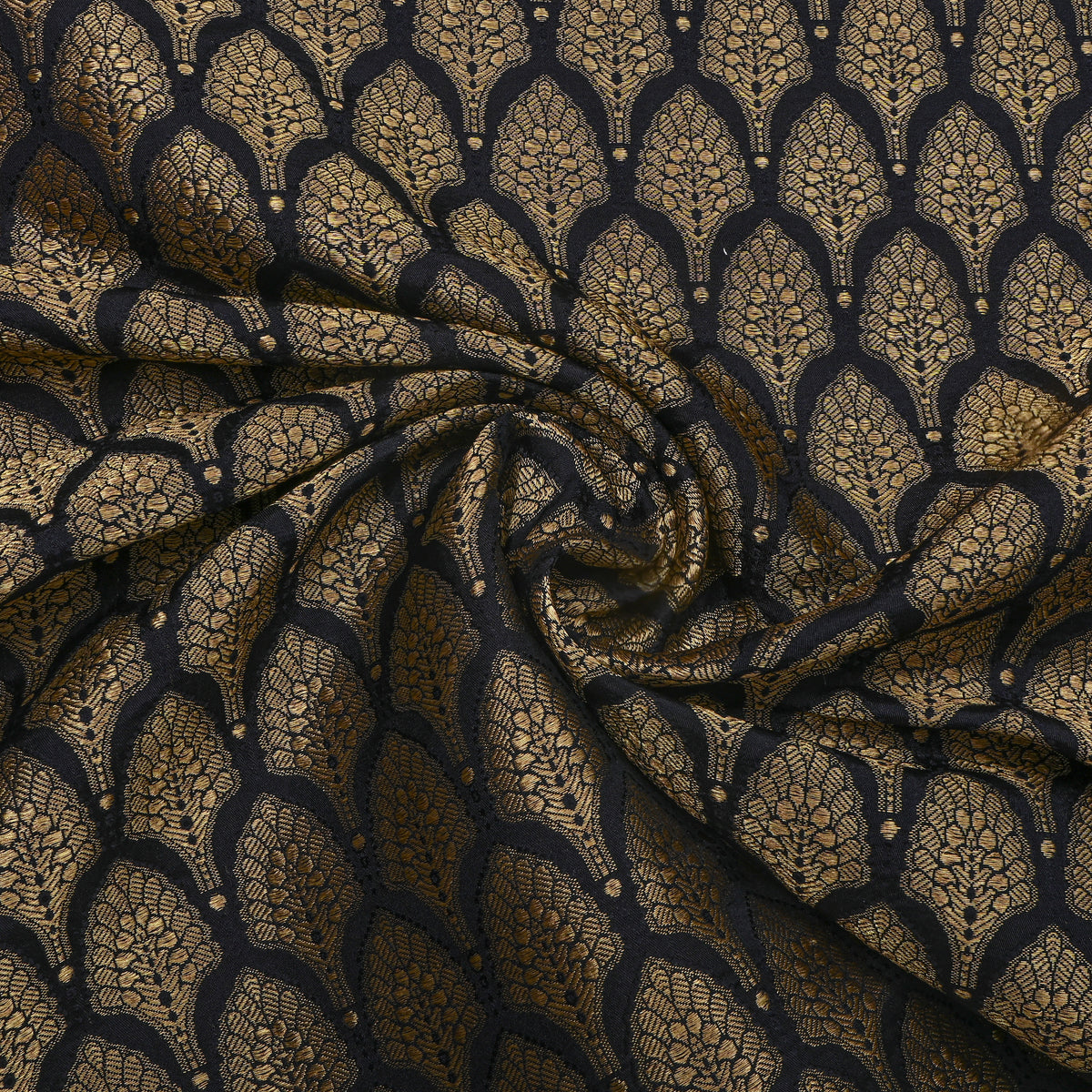 Jet Black Zari Brocade Self Weave Banarasi  Silk Fabric