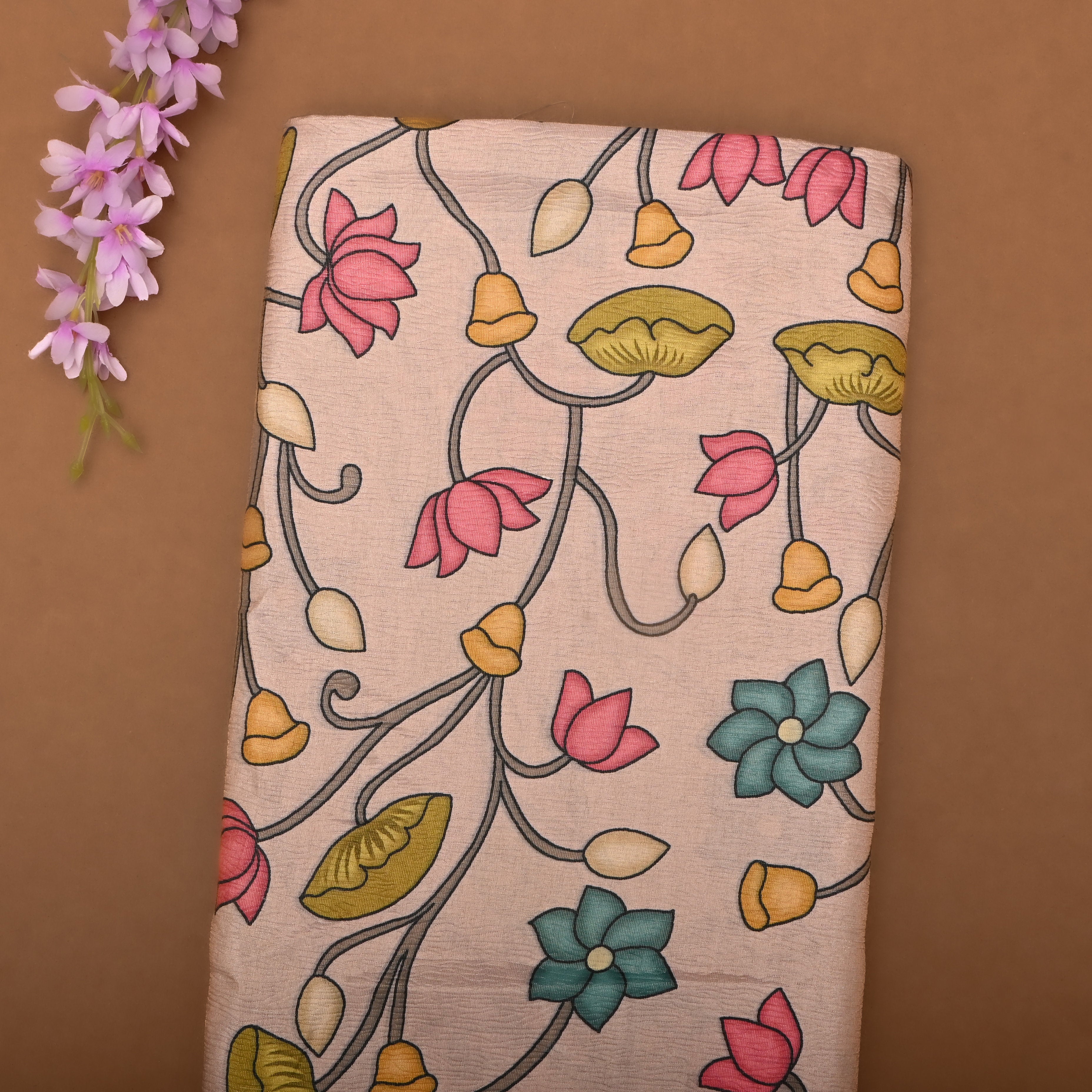 Beige Tissue Fabric With Floral Prints