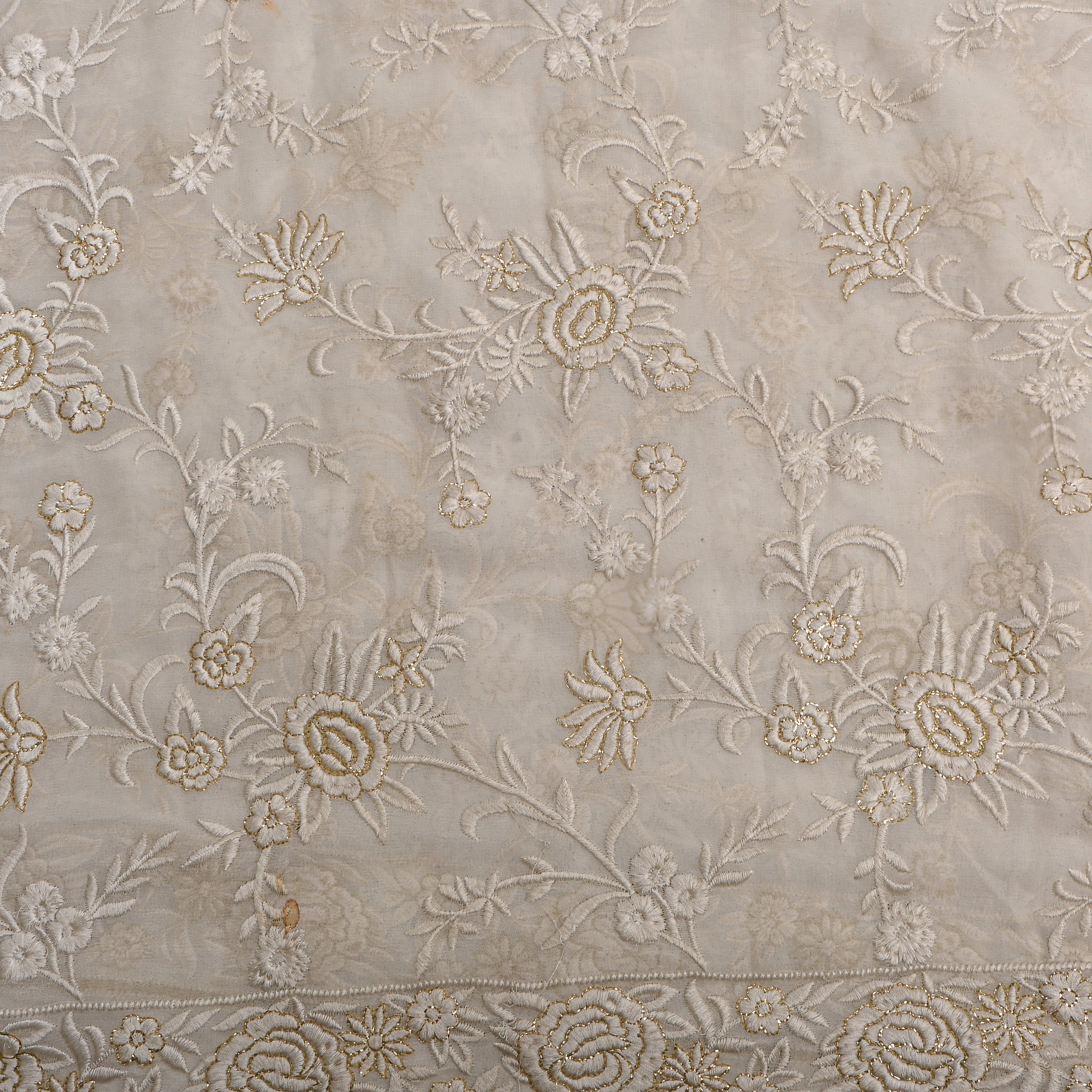White Gold Floral Chikankari Georgette Fabric