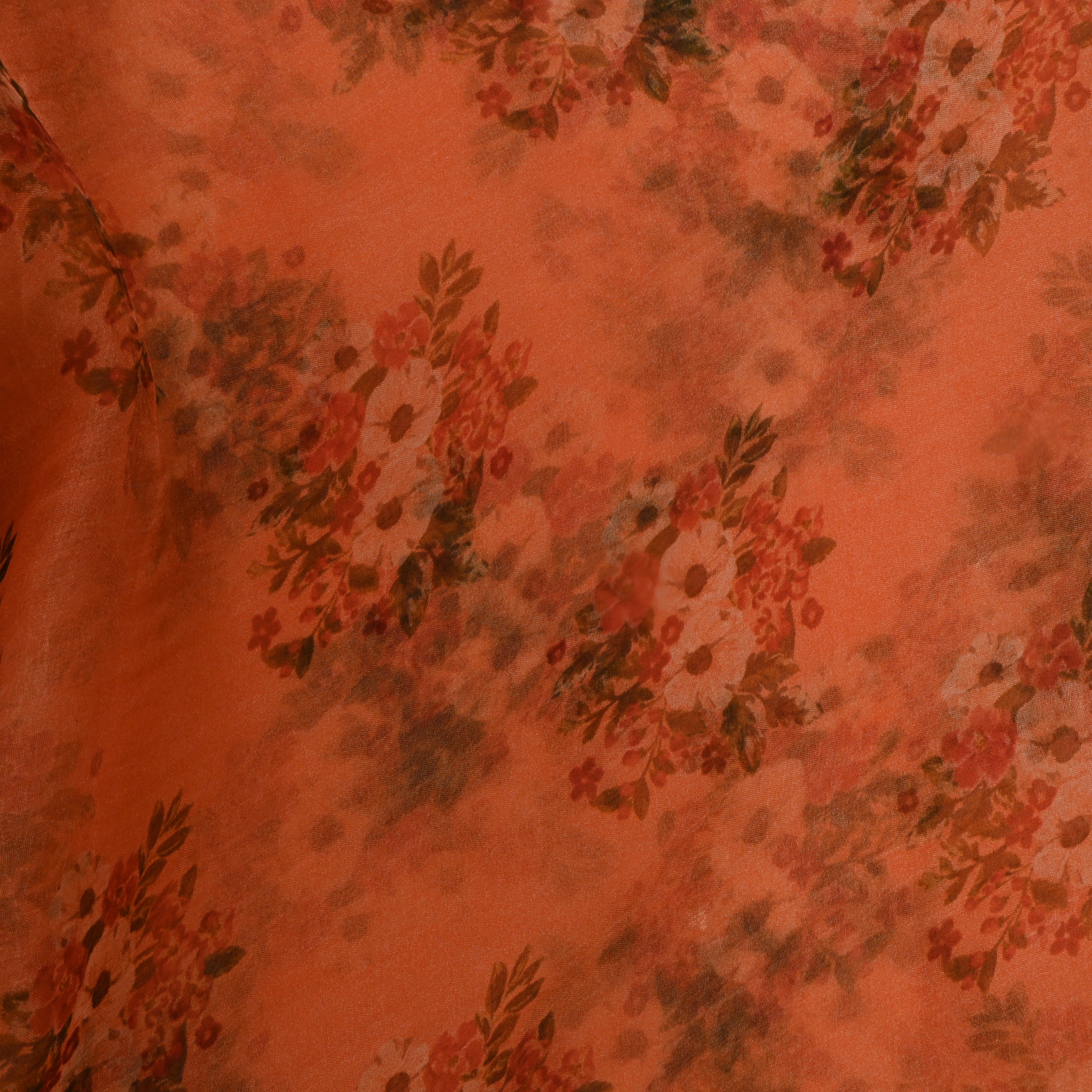Peach Orange Floral Printed Organza Fabric