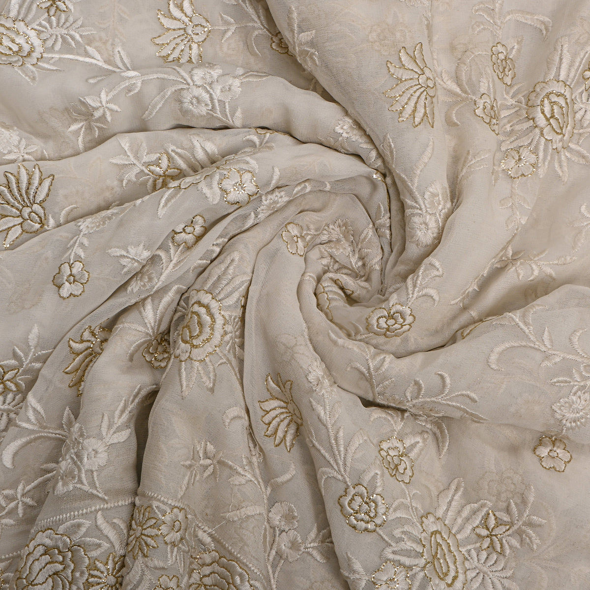 White Gold Floral Chikankari Georgette Fabric