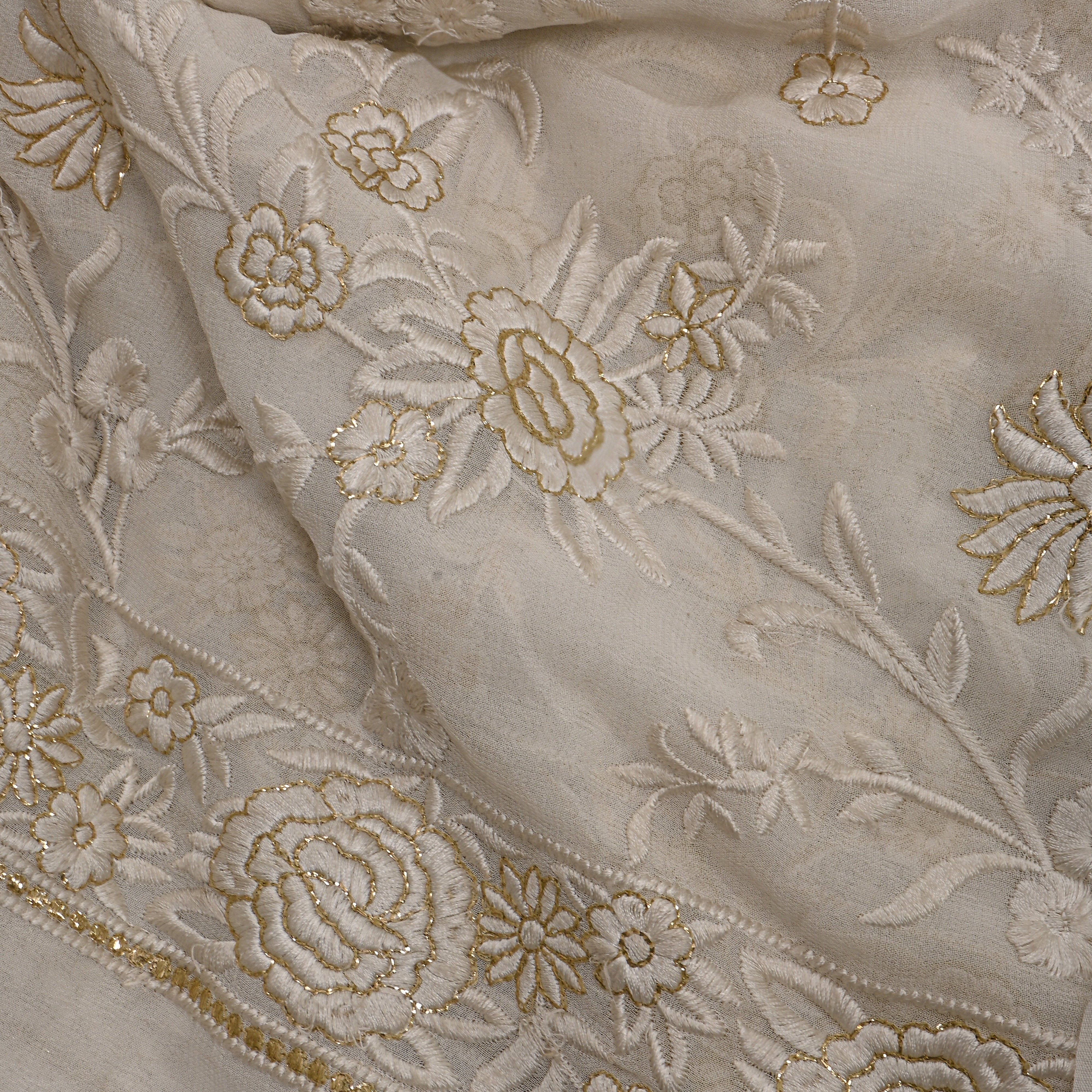 White Gold Floral Chikankari Georgette Fabric