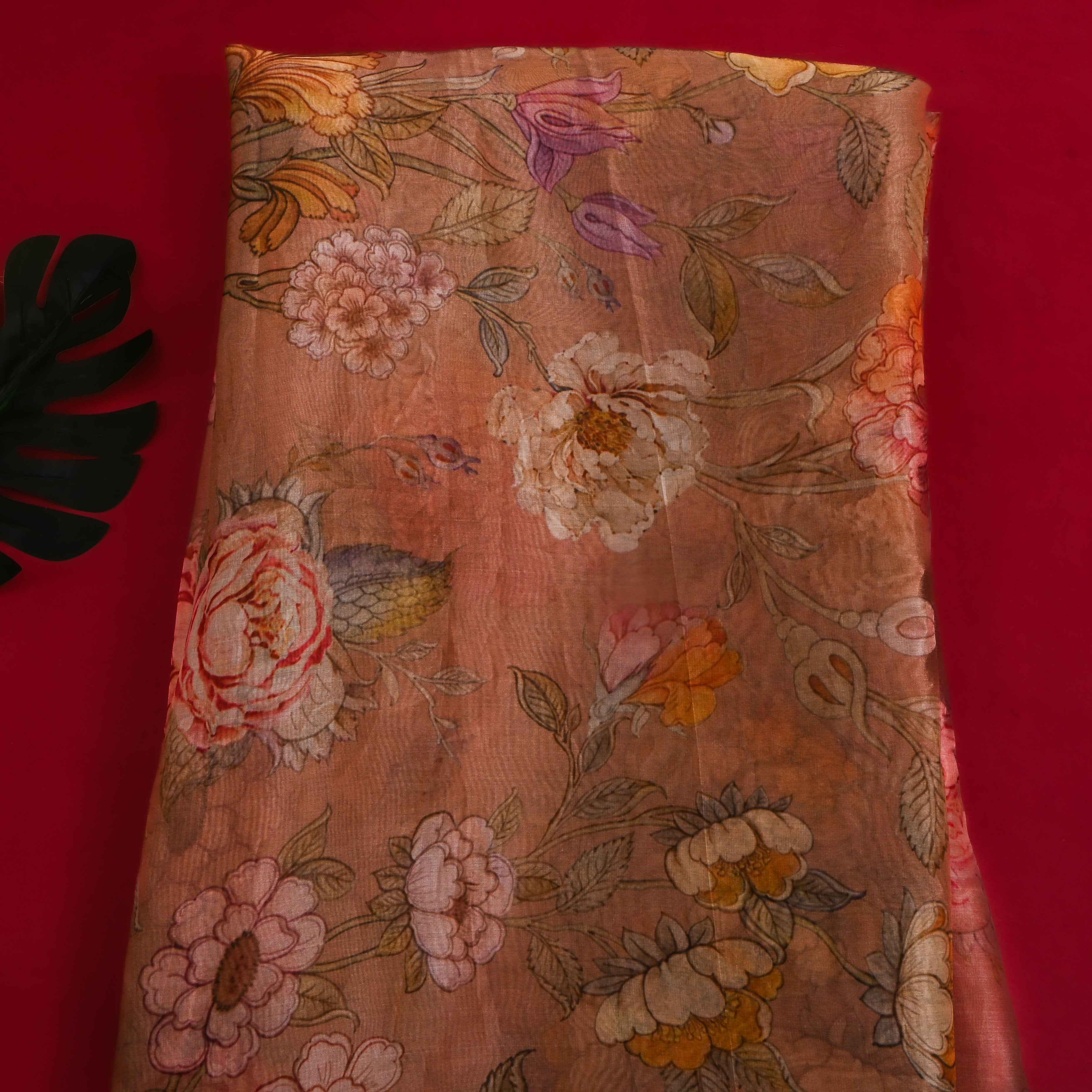 Golden Pink Floral Printed Organza Fabric