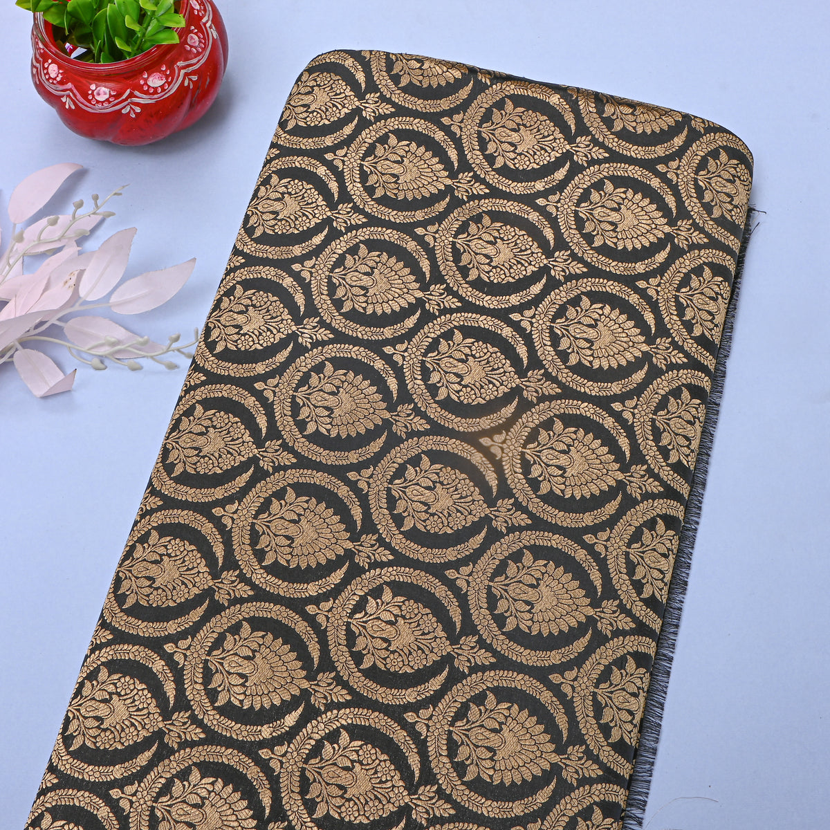 Jet Black Jamawar Silk With Gold Motif Butti