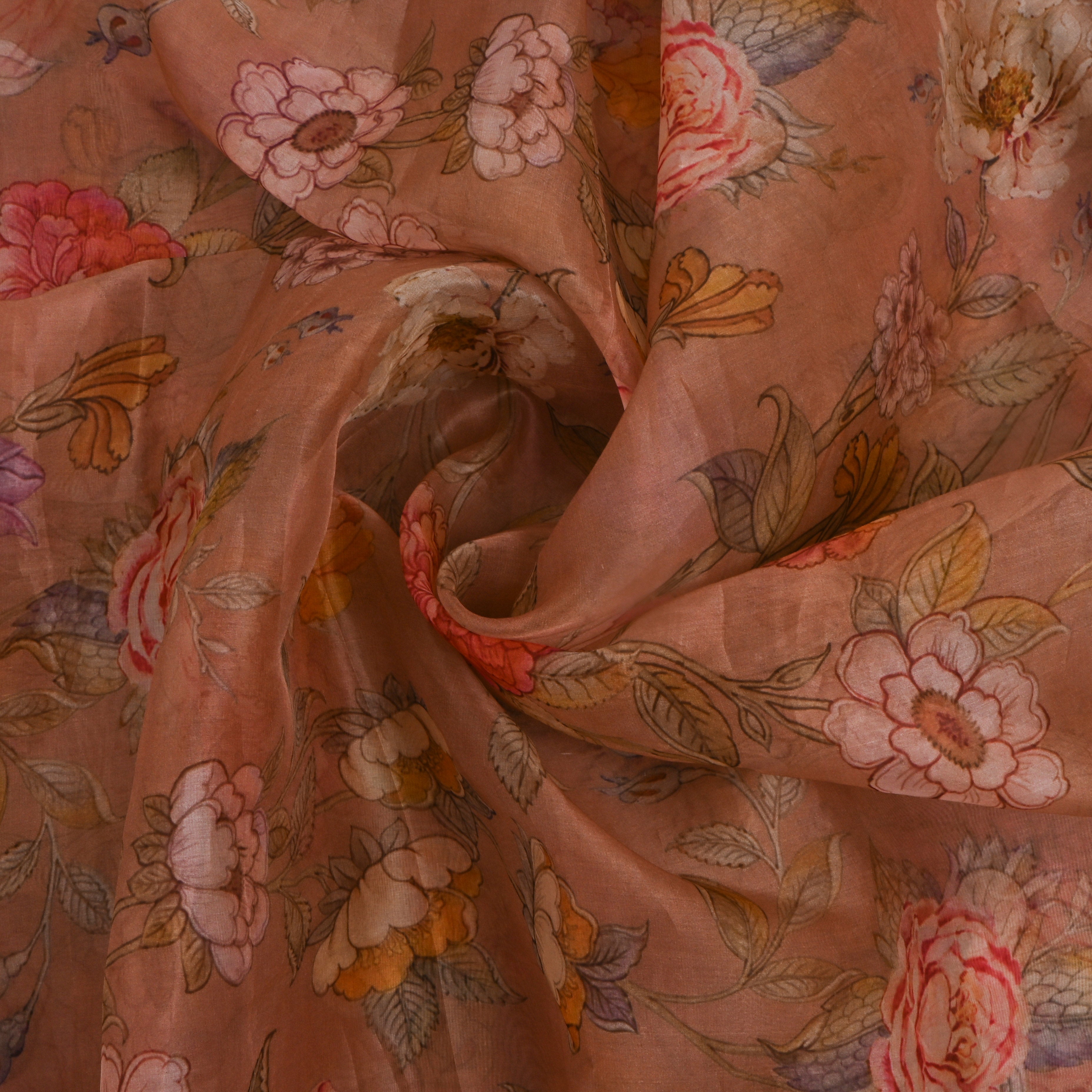 Golden Pink Floral Printed Organza Fabric