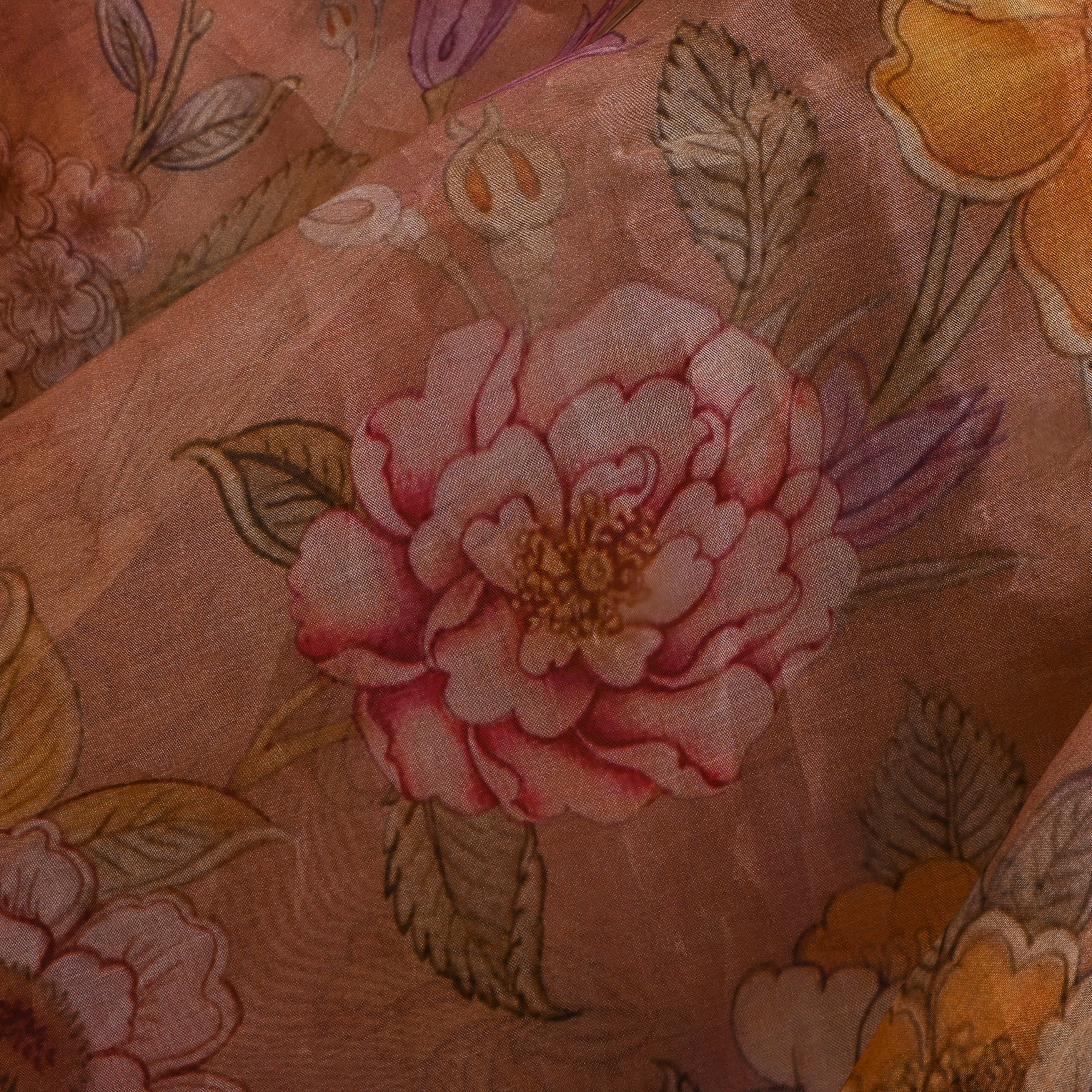 Golden Pink Floral Printed Organza Fabric