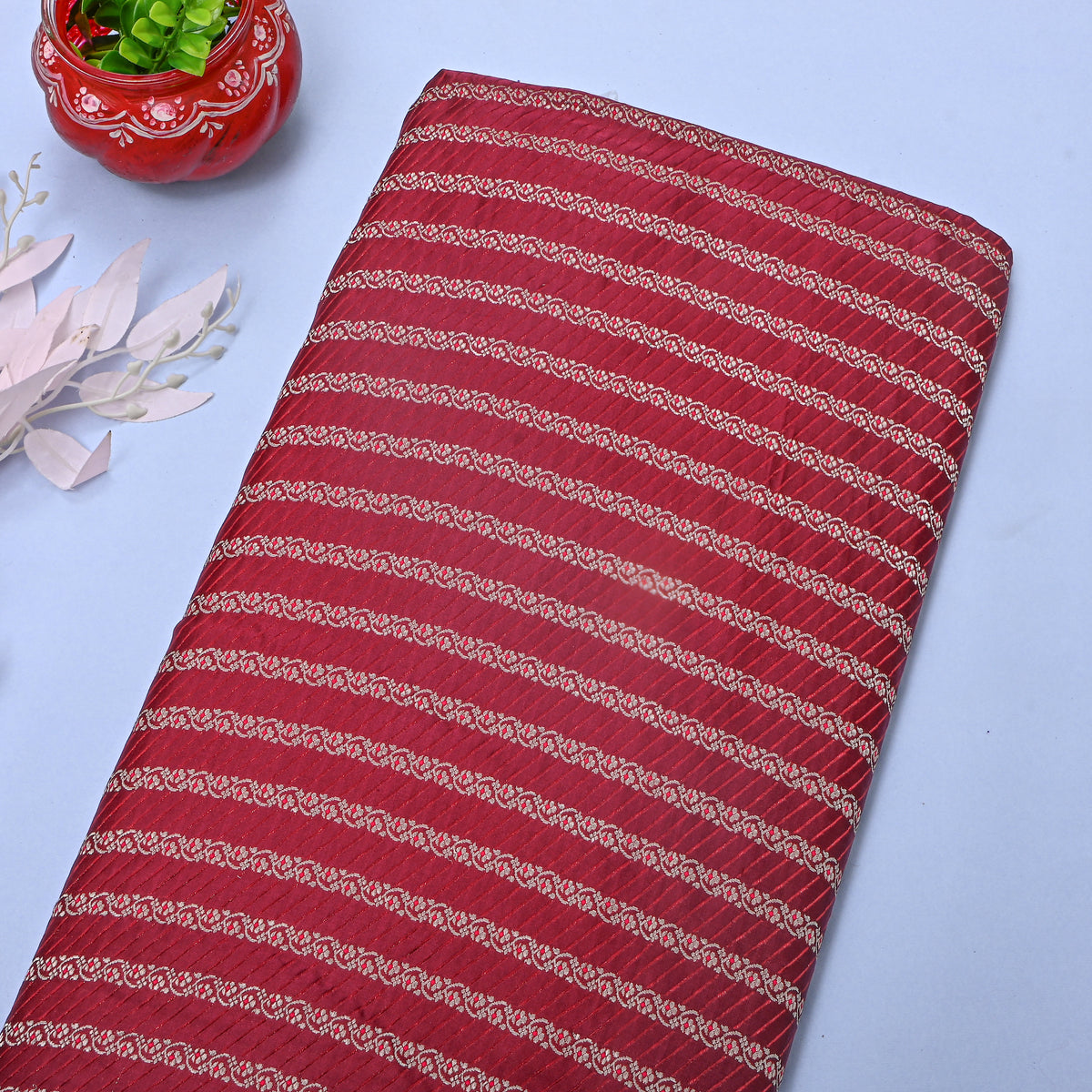 Cherry Red Silver Stripe Self Weave Jamawar Silk Fabric