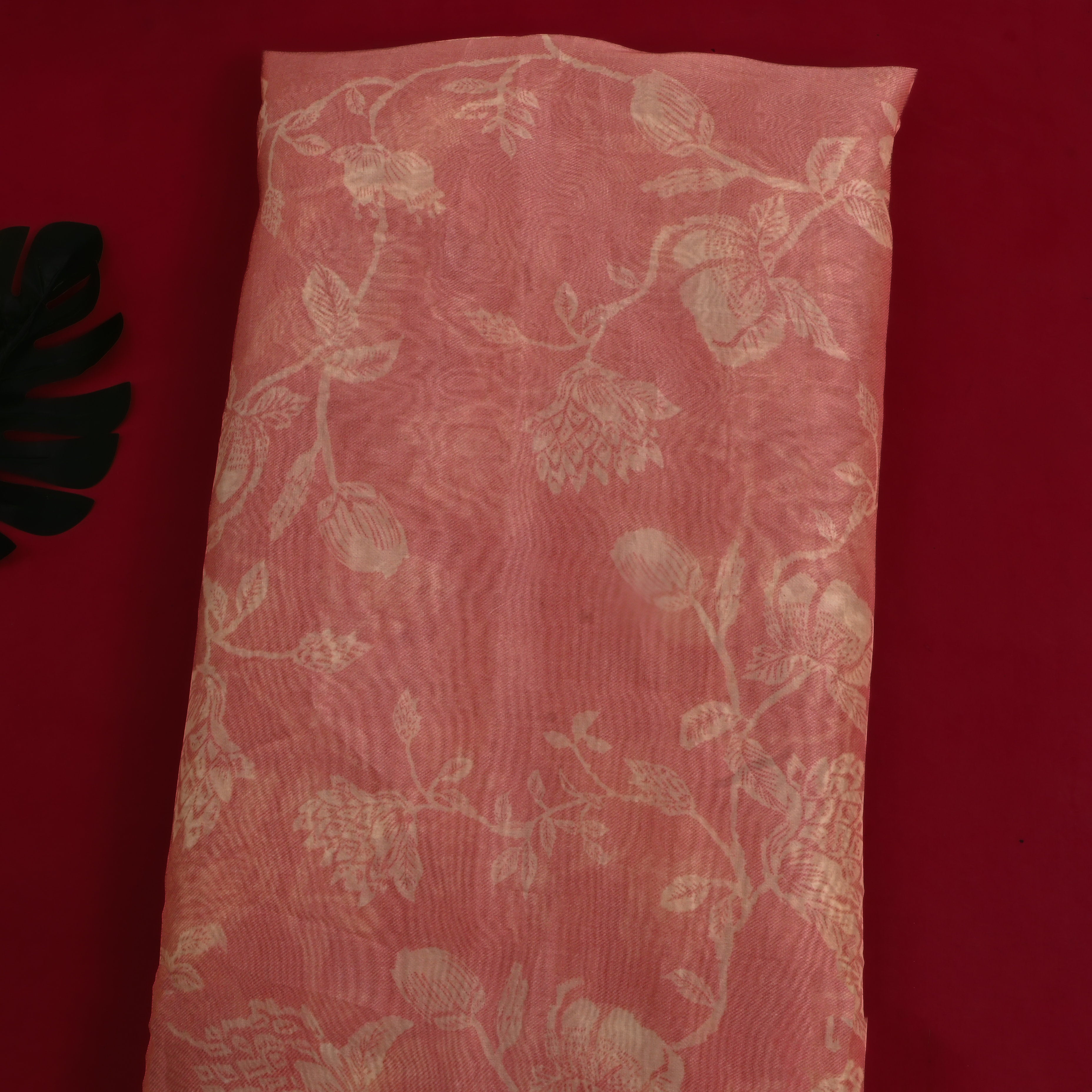 Flamingo Pink Floral Printed Organza Fabric