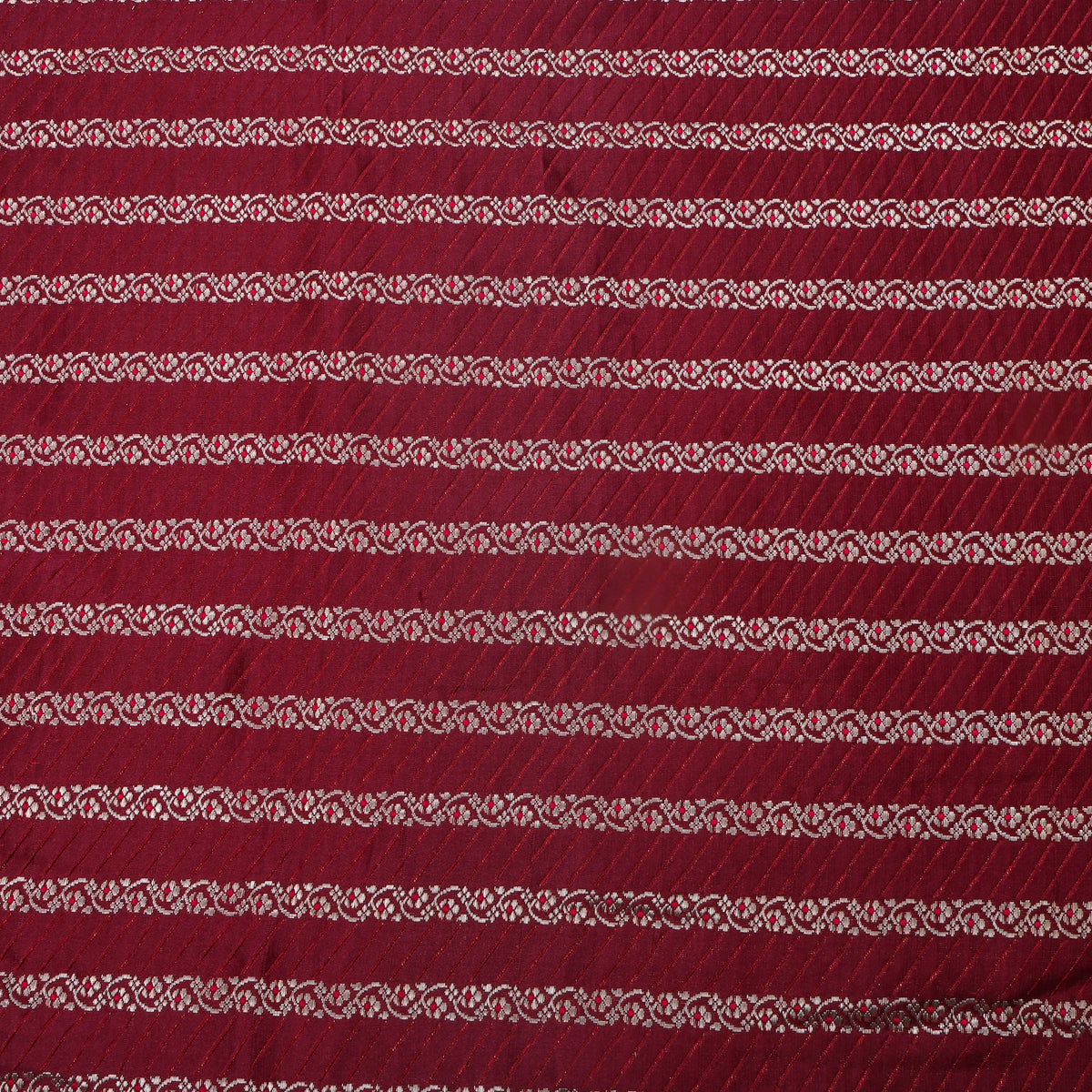 Cherry Red Silver Stripe Self Weave Jamawar Silk Fabric