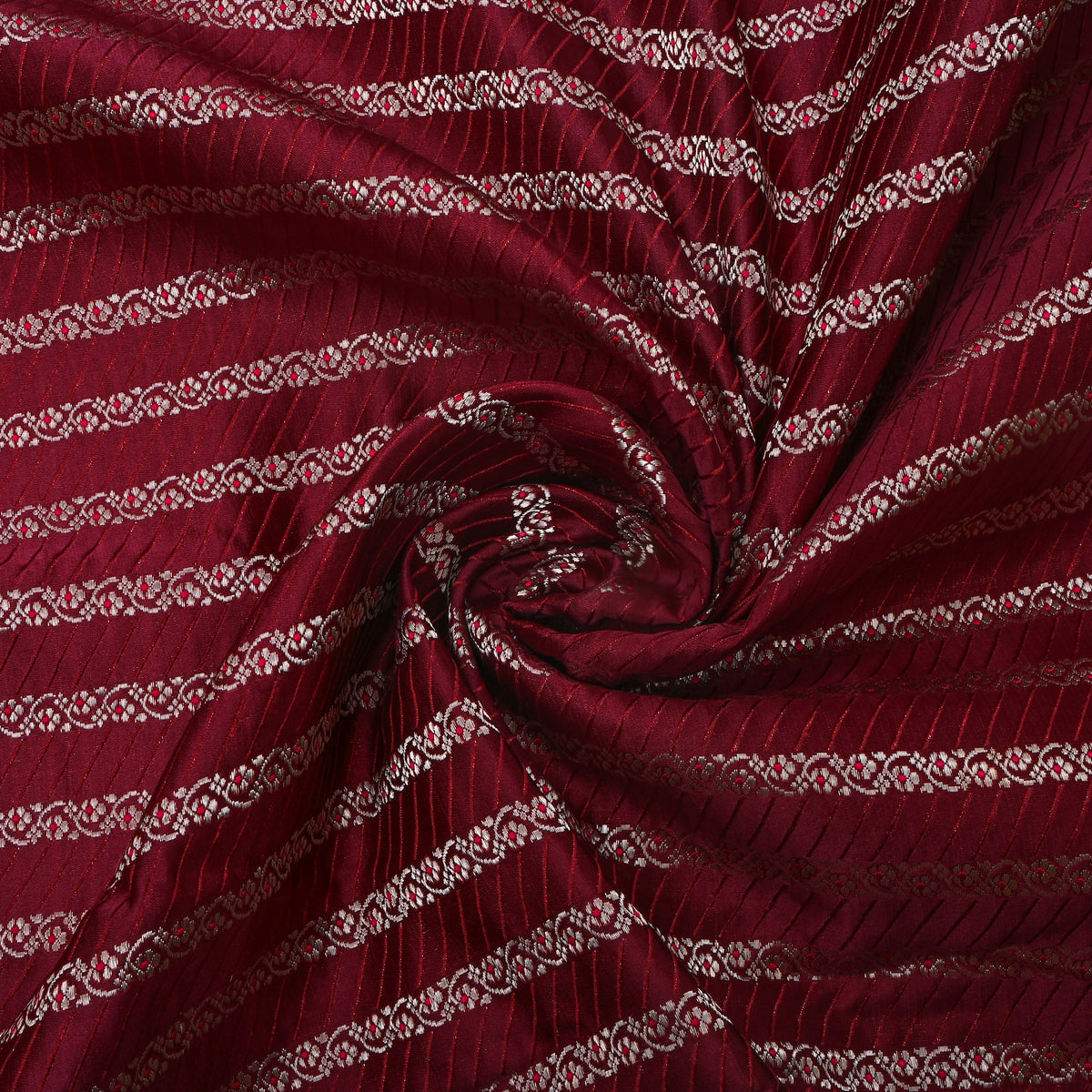 Cherry Red Silver Stripe Self Weave Jamawar Silk Fabric