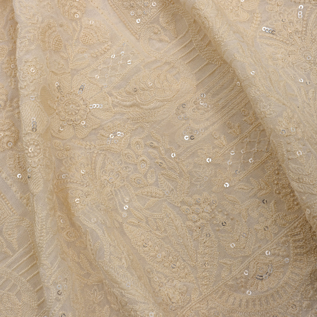 Biscuit Cream Floral Sequin Embroidery Georgette Fabric