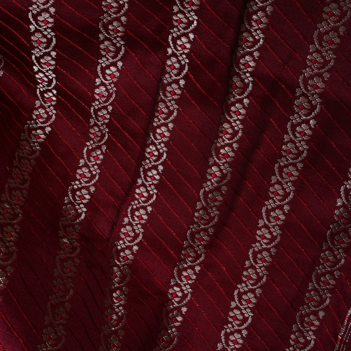 Cherry Red Silver Stripe Self Weave Jamawar Silk Fabric