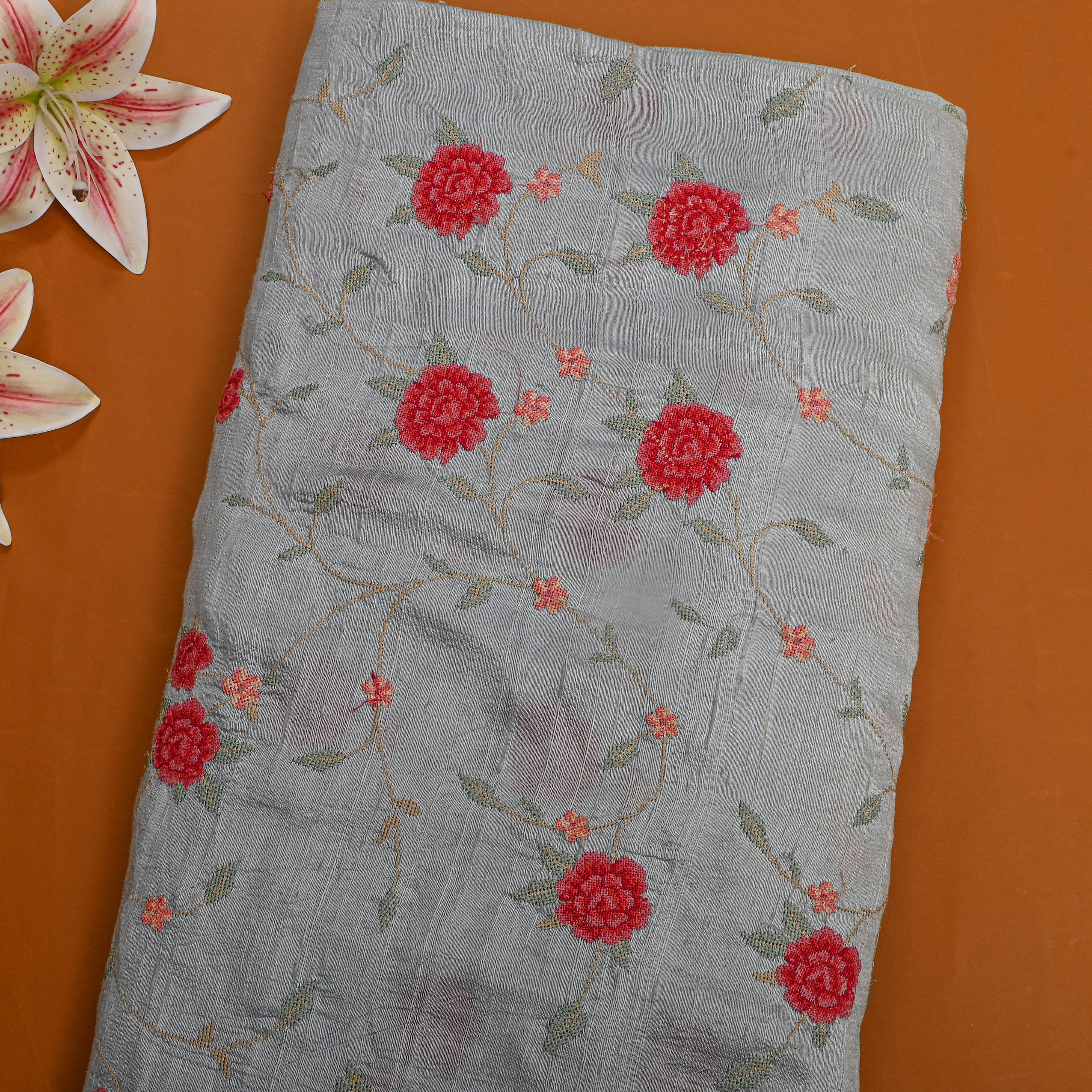 Grey Floral Jaal Thread Work Tussar Fabric