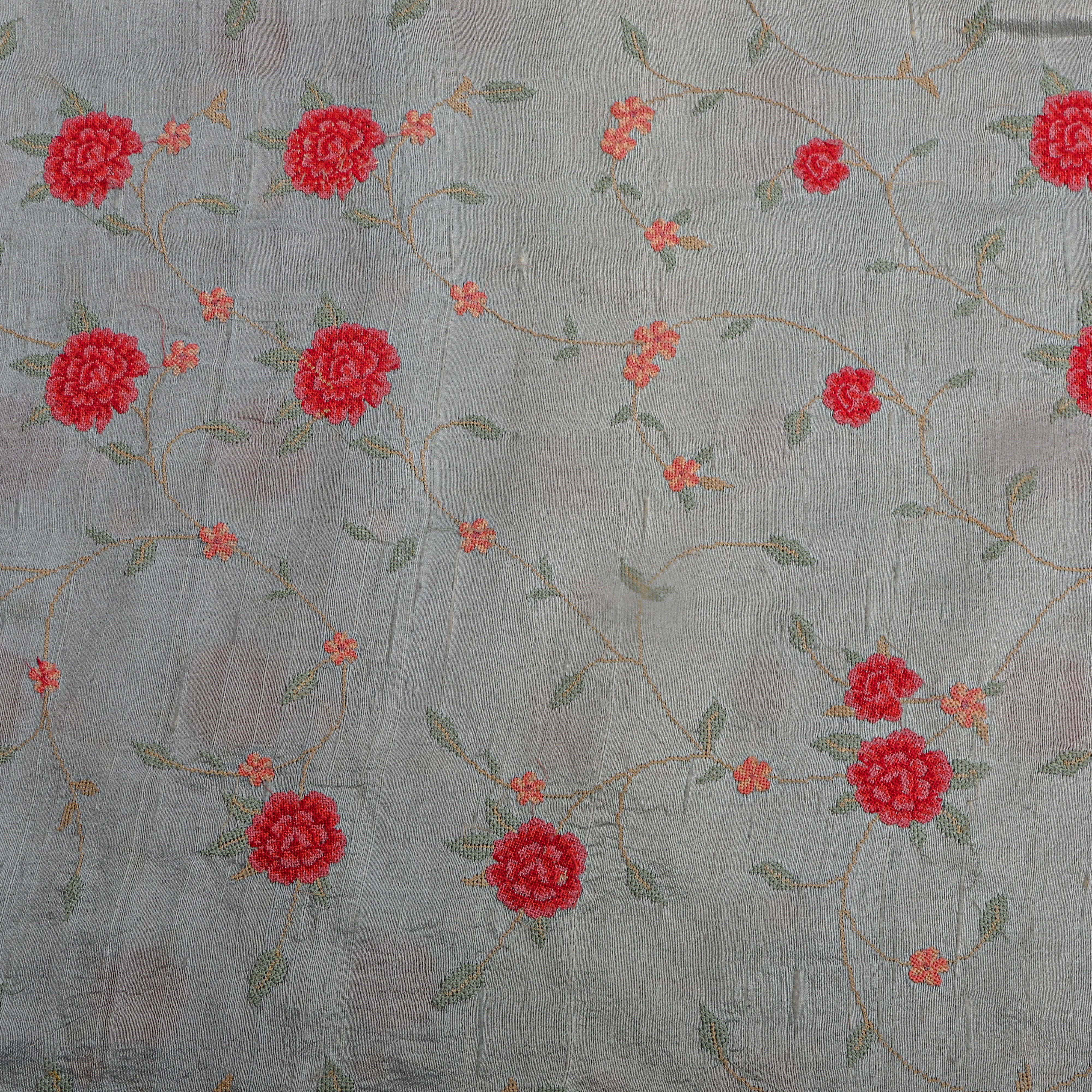 Grey Floral Jaal Thread Work Tussar Fabric