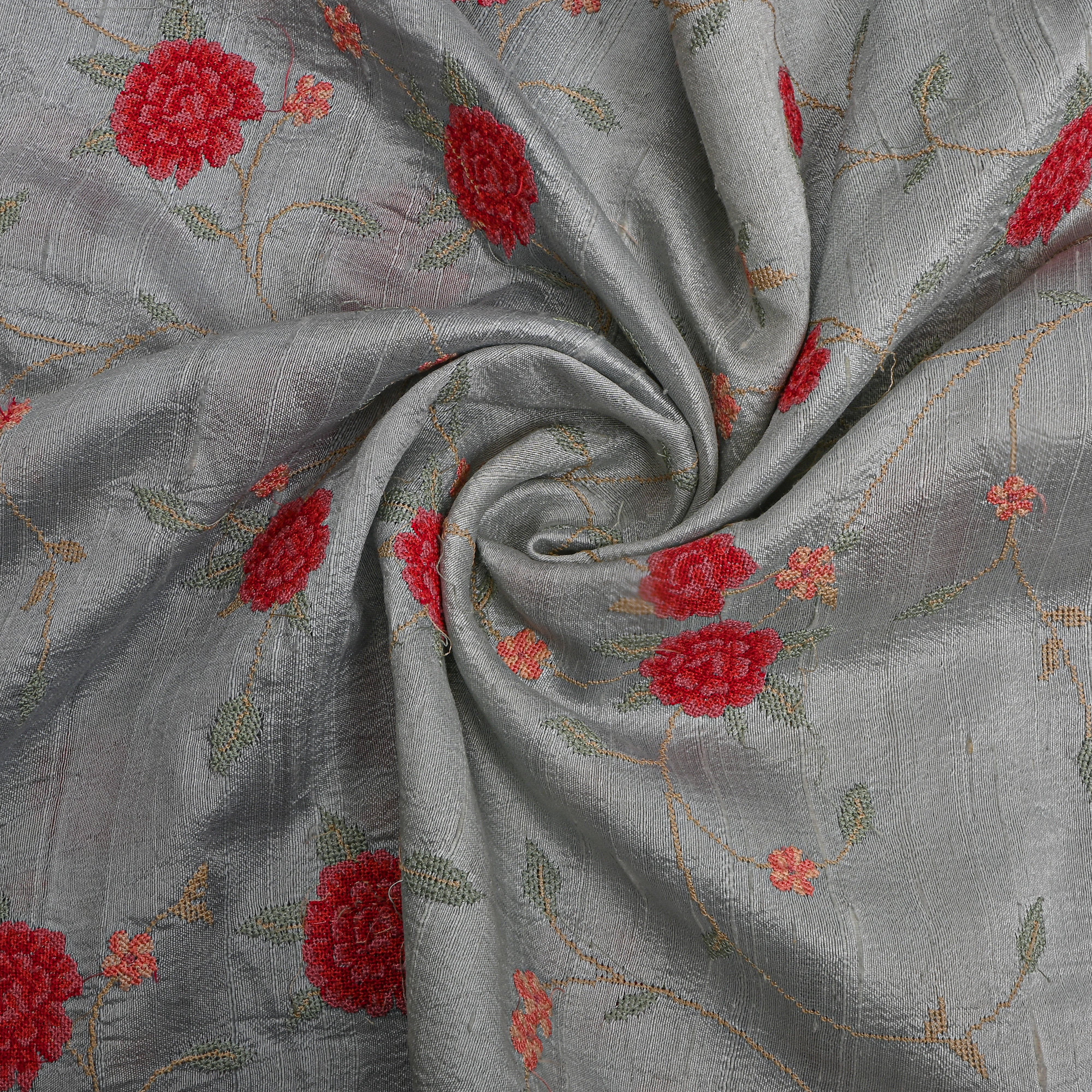 Grey Floral Jaal Thread Work Tussar Fabric