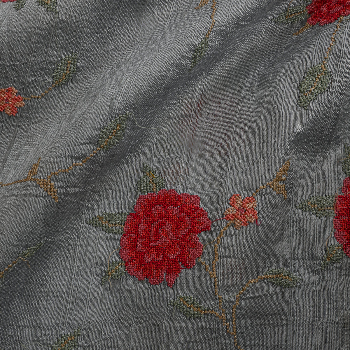 Grey Floral Jaal Thread Work Tussar Fabric