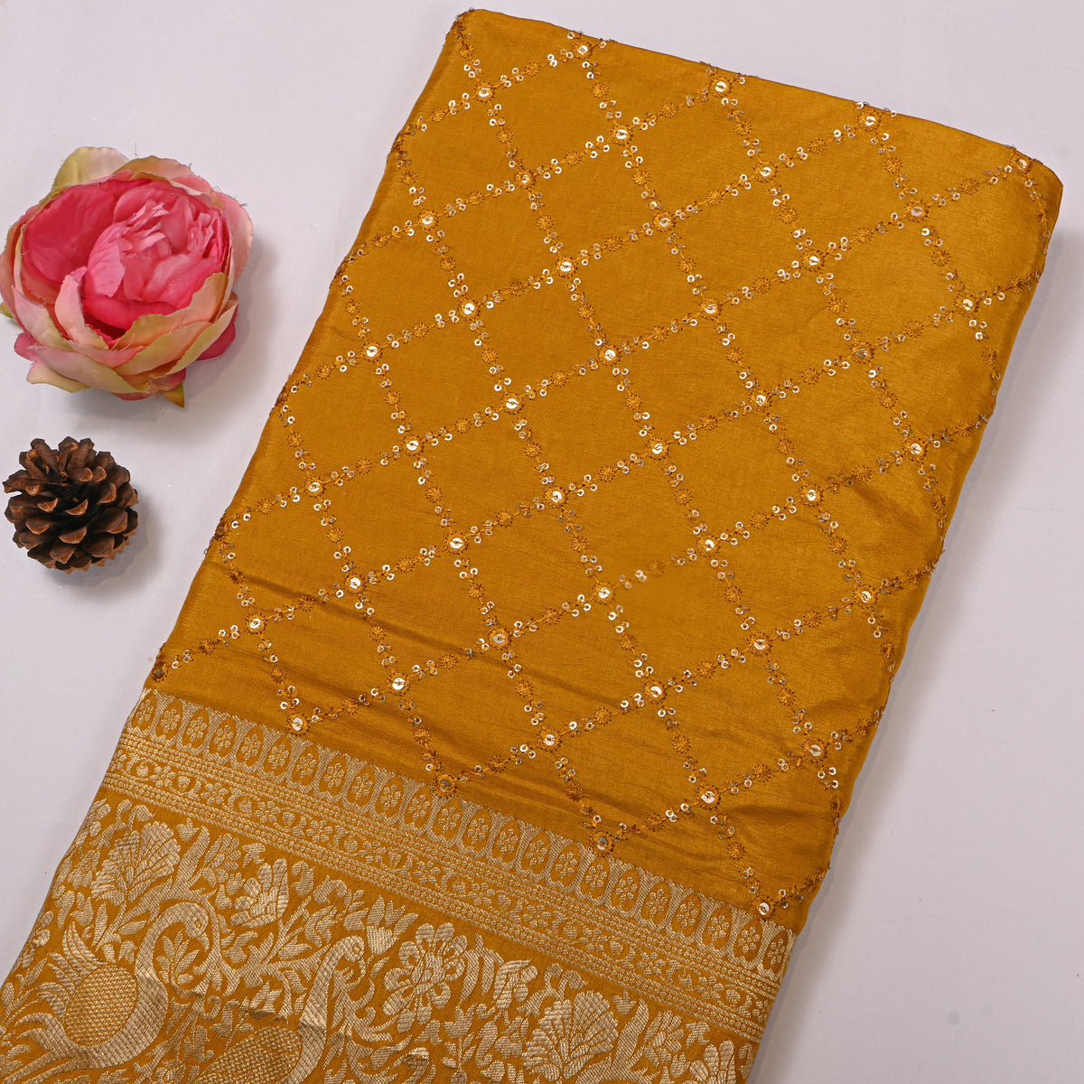 Turmeric Sequin Trellis Embroidery Silk Fabric