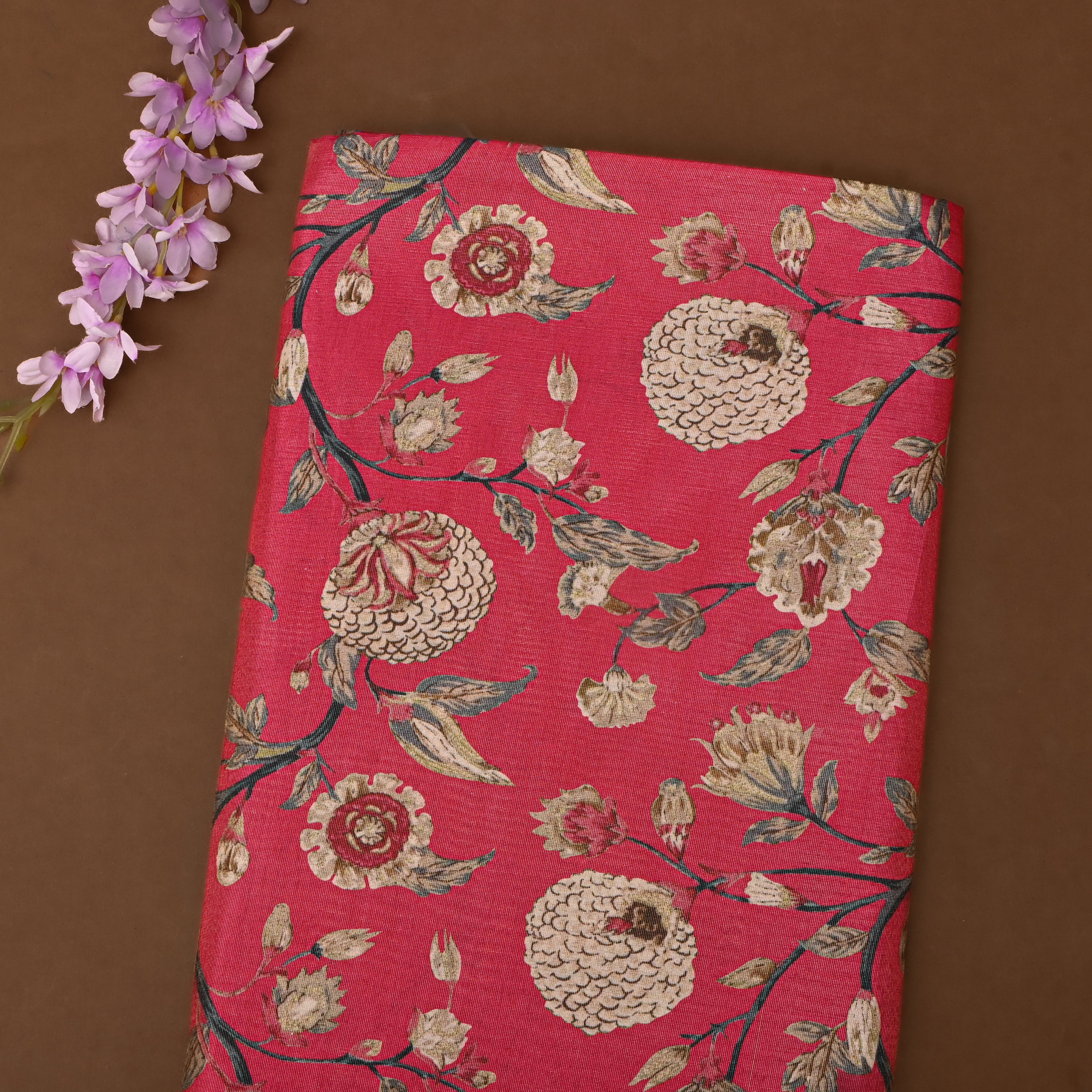Brick Red Tissue Fabric With Floral Prints