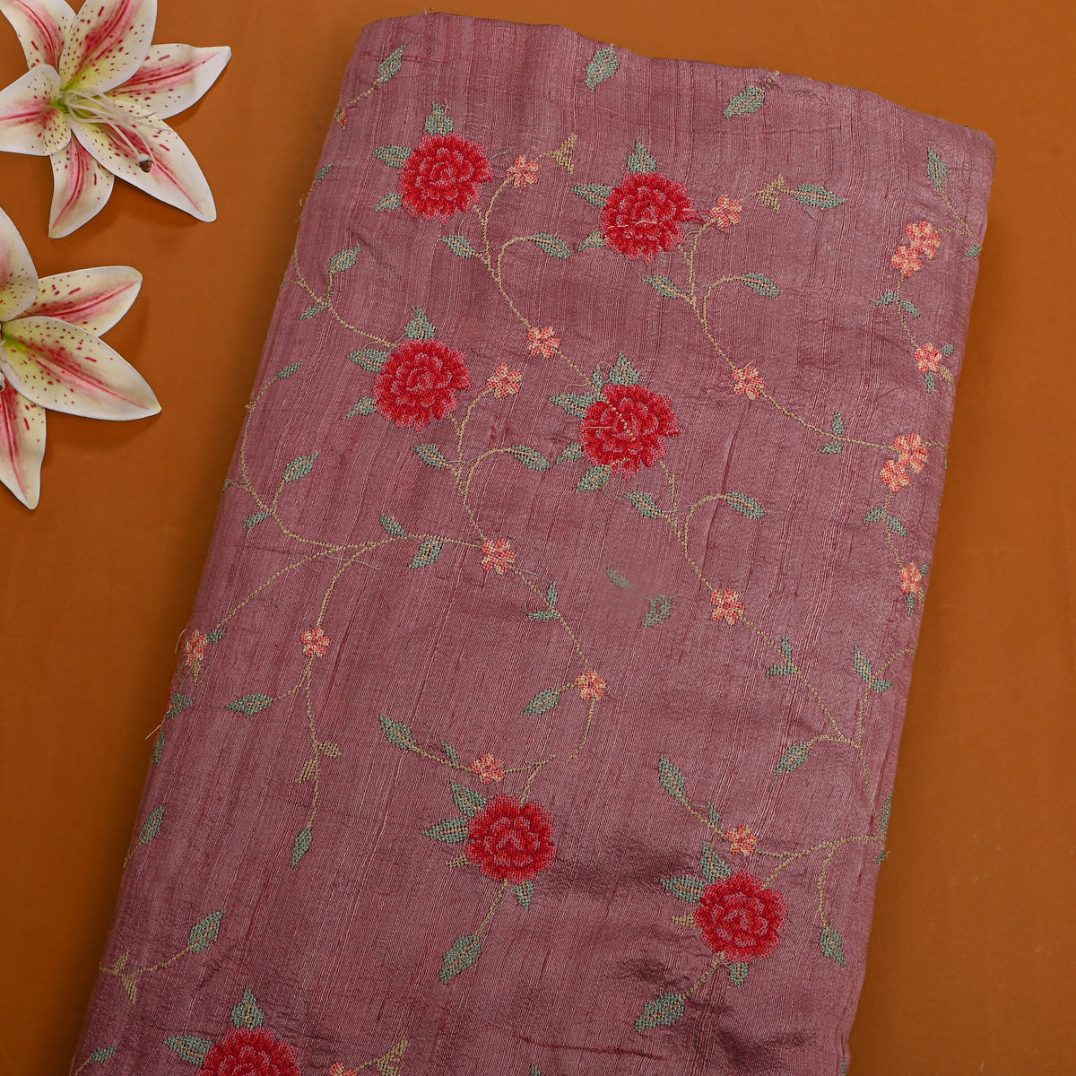 Purple Floral Jaal Thread Work Raw Silk Fabric