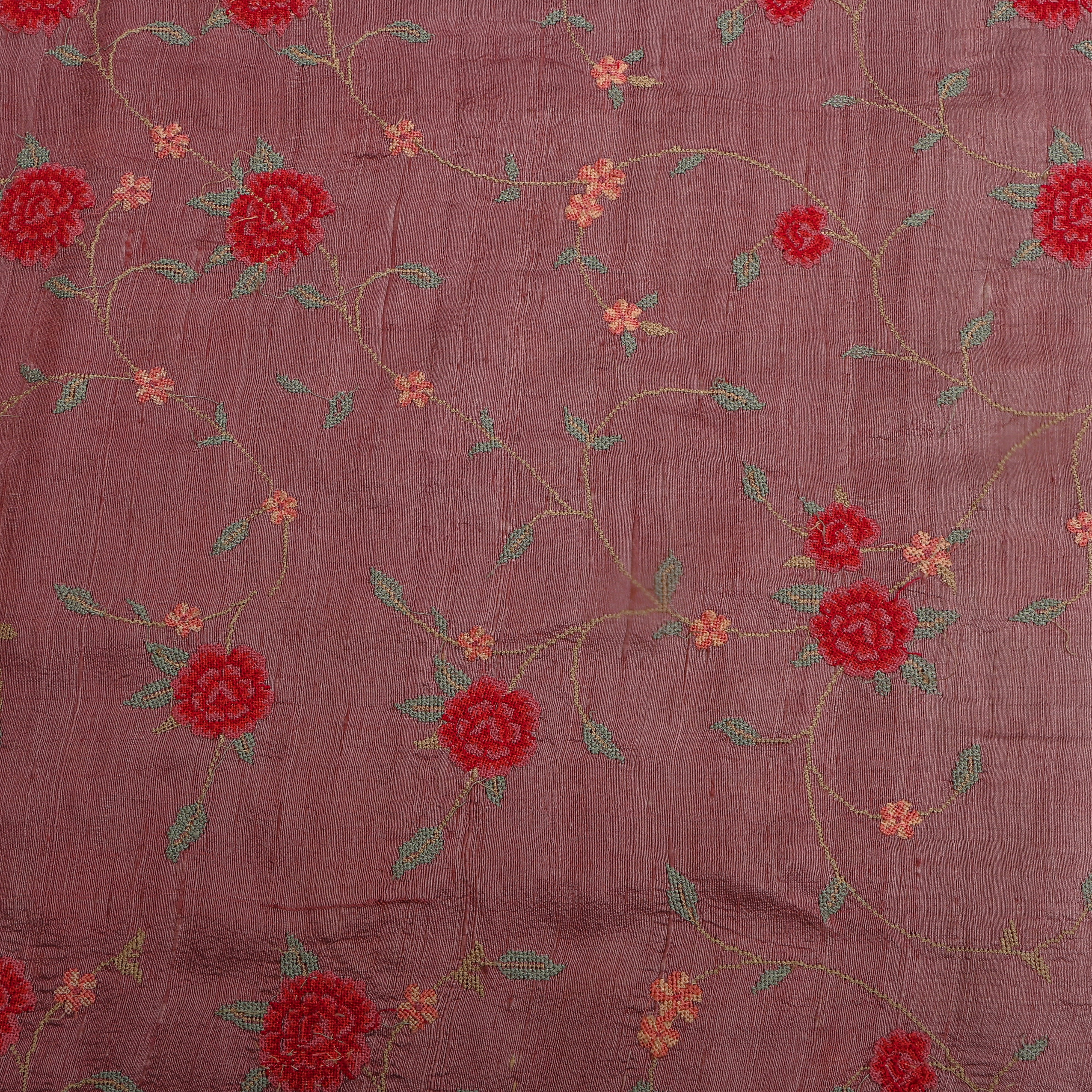 Purple Floral Jaal Thread Work Raw Silk Fabric