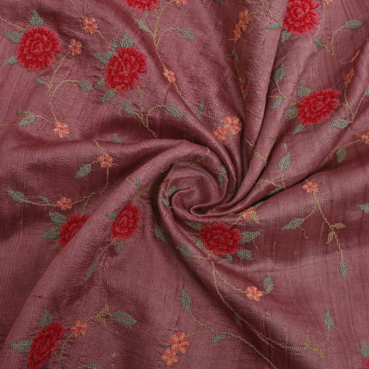 Purple Floral Jaal Thread Work Raw Silk Fabric