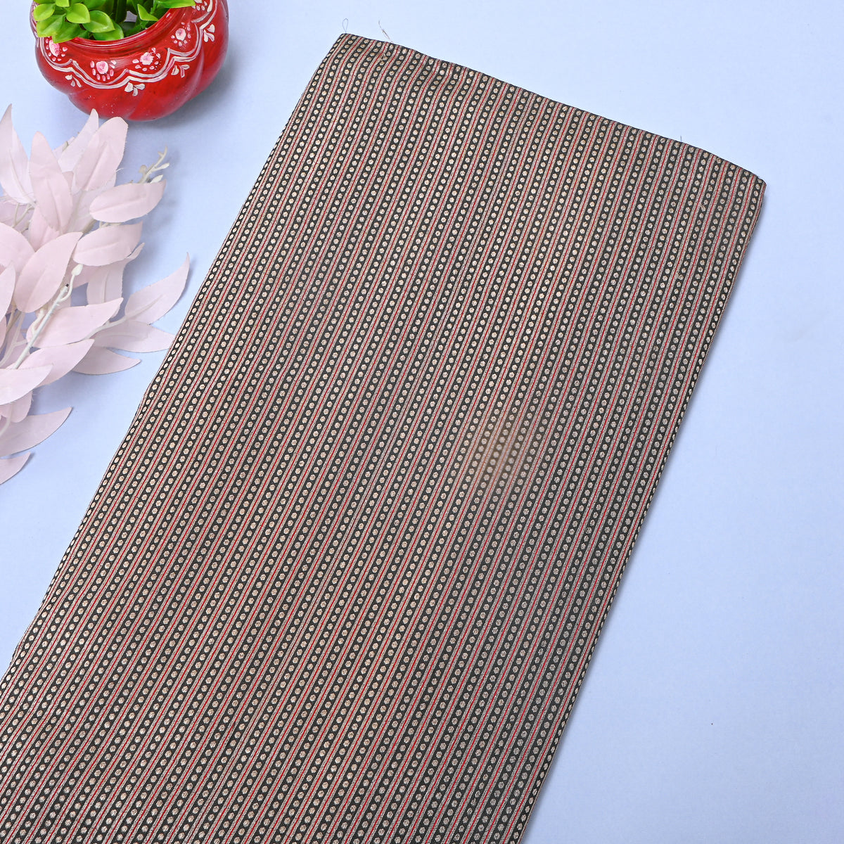 Charcoal Black Gold Metallic Zari Striped Banarasi Silk Fabric