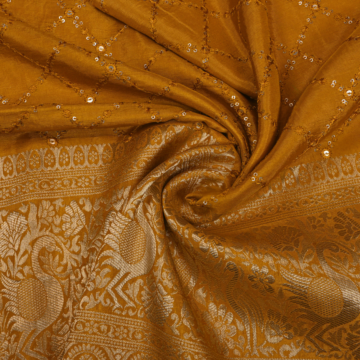 Turmeric Sequin Trellis Embroidery Silk Fabric