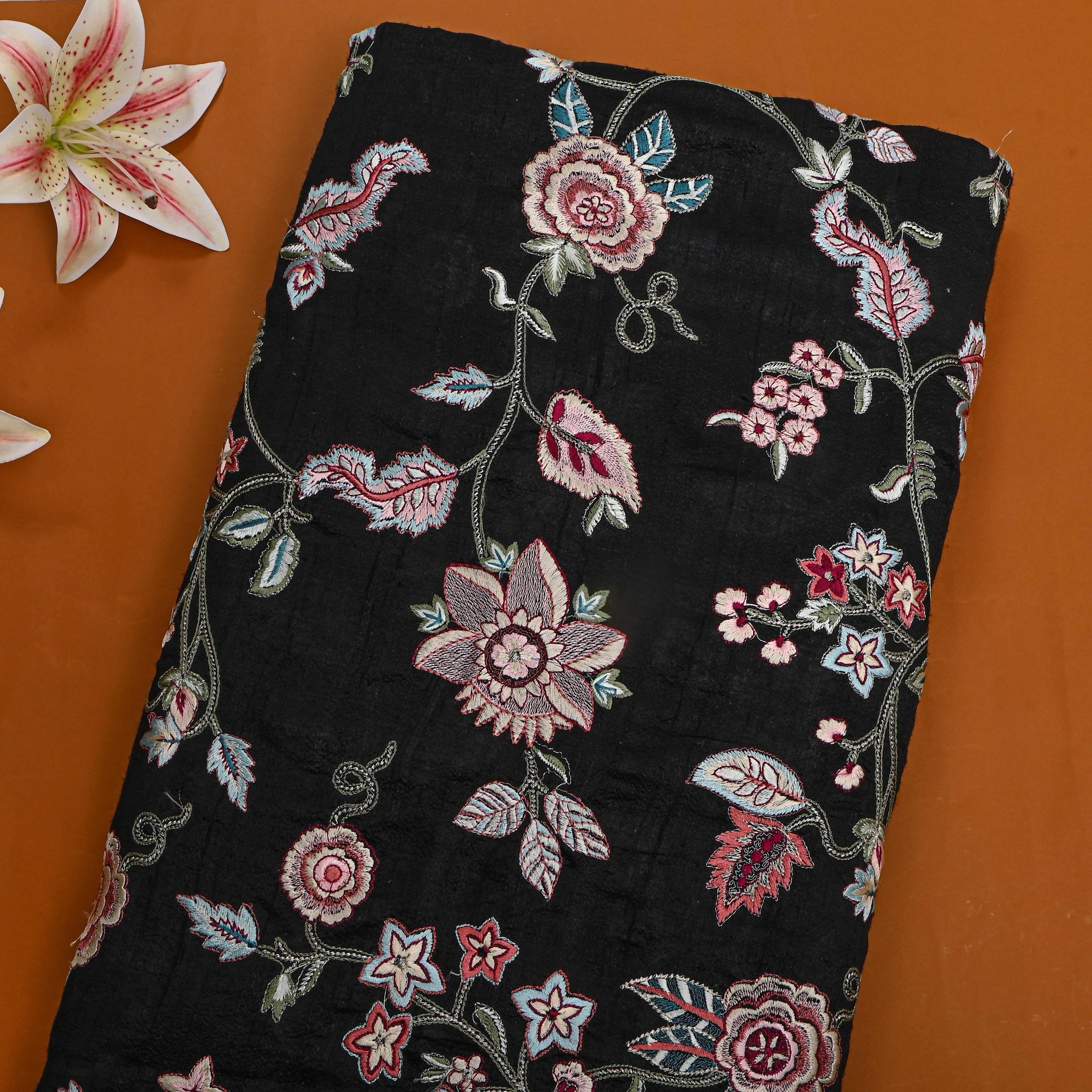 Black Floral Thread Work Raw Silk