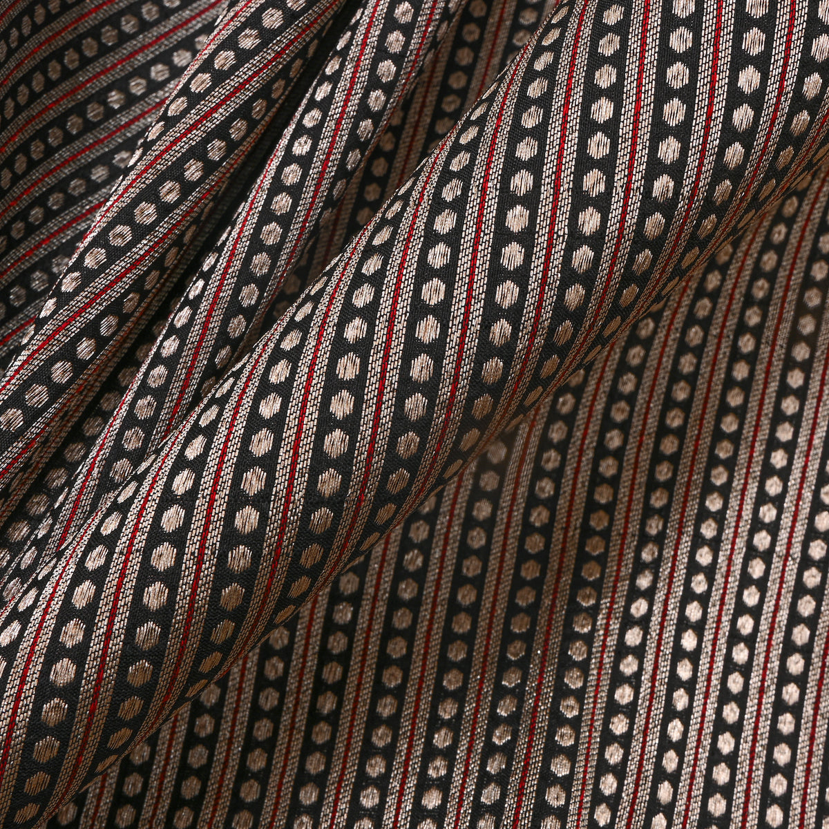 Charcoal Black Gold Metallic Zari Striped Banarasi Silk Fabric