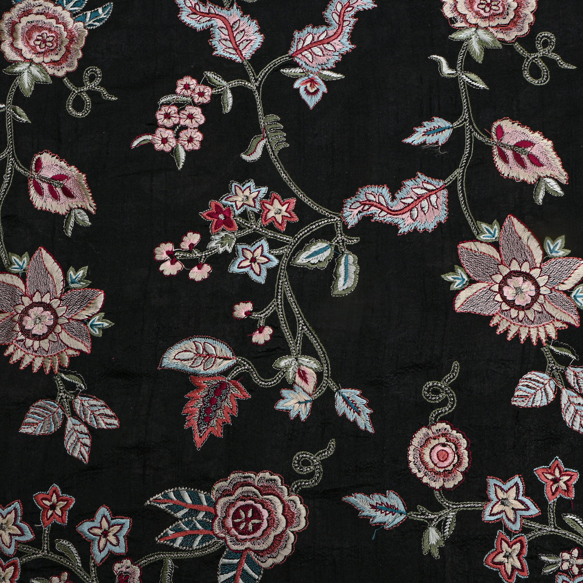 Black Floral Thread Work Raw Silk