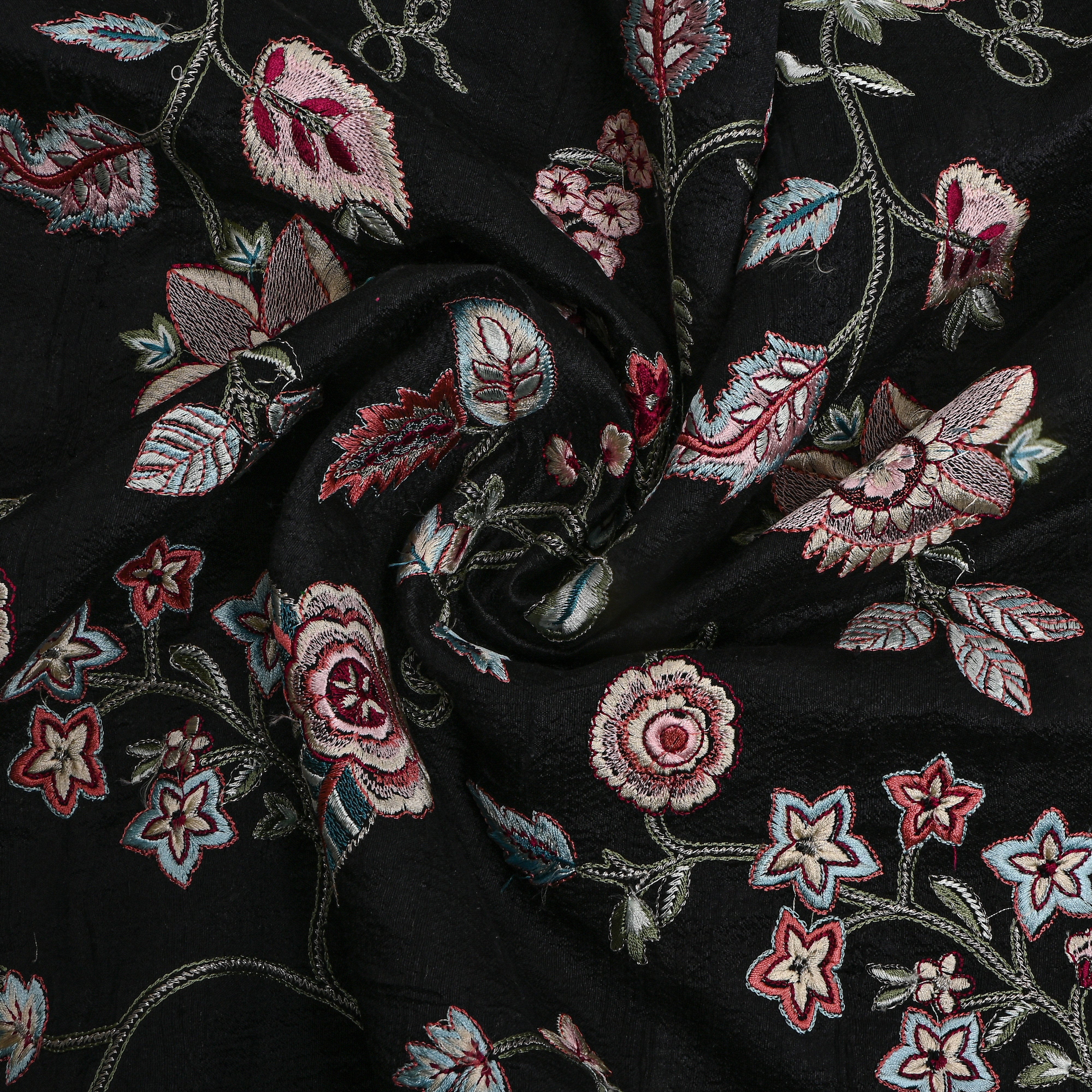 Black Floral Thread Work Raw Silk